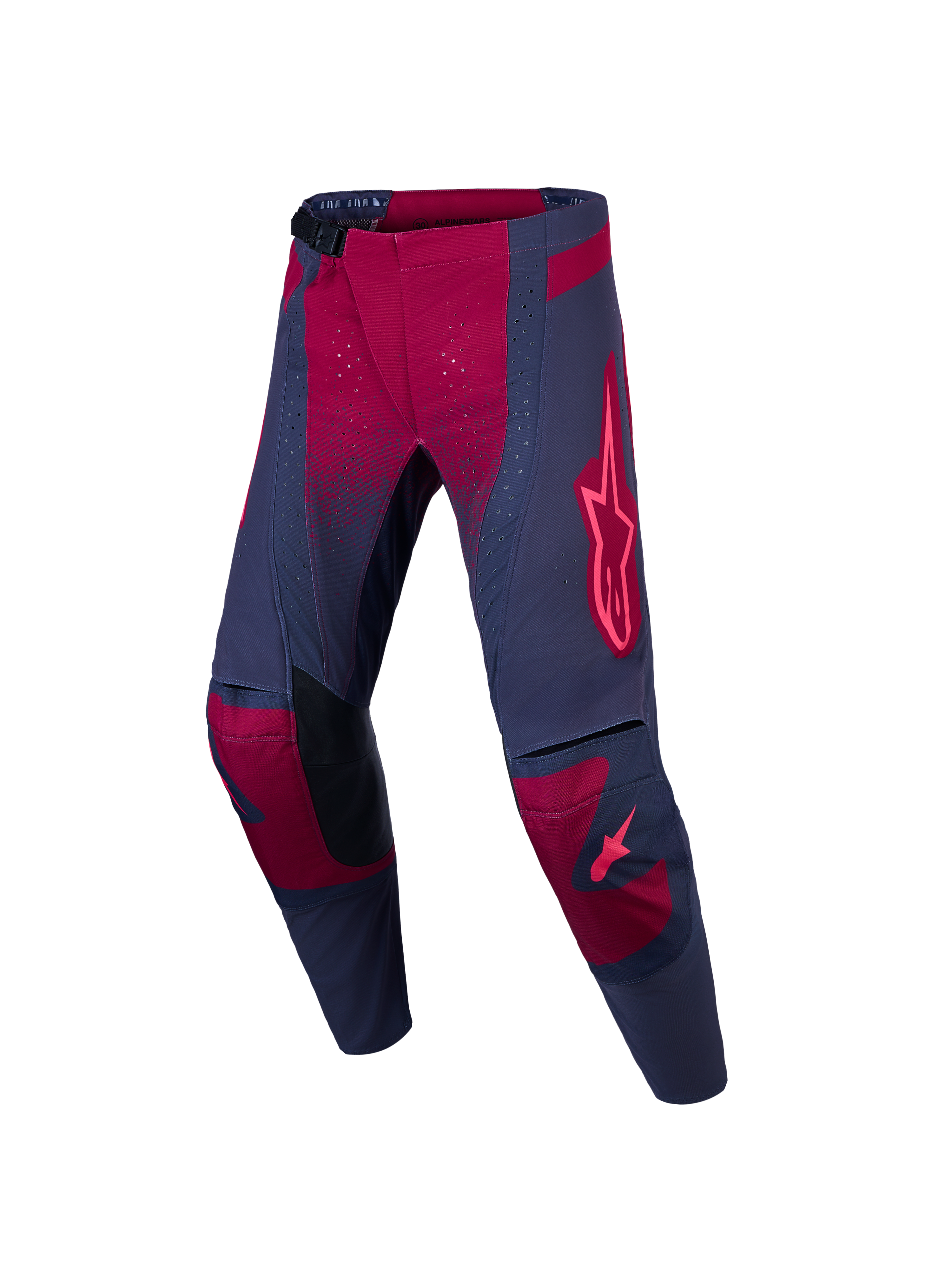 Alpinestars Stella Techstar Swan Hose, Damen-Motocross-Hose in Grau und Karminrot mit perforierten Belüftungszonen.