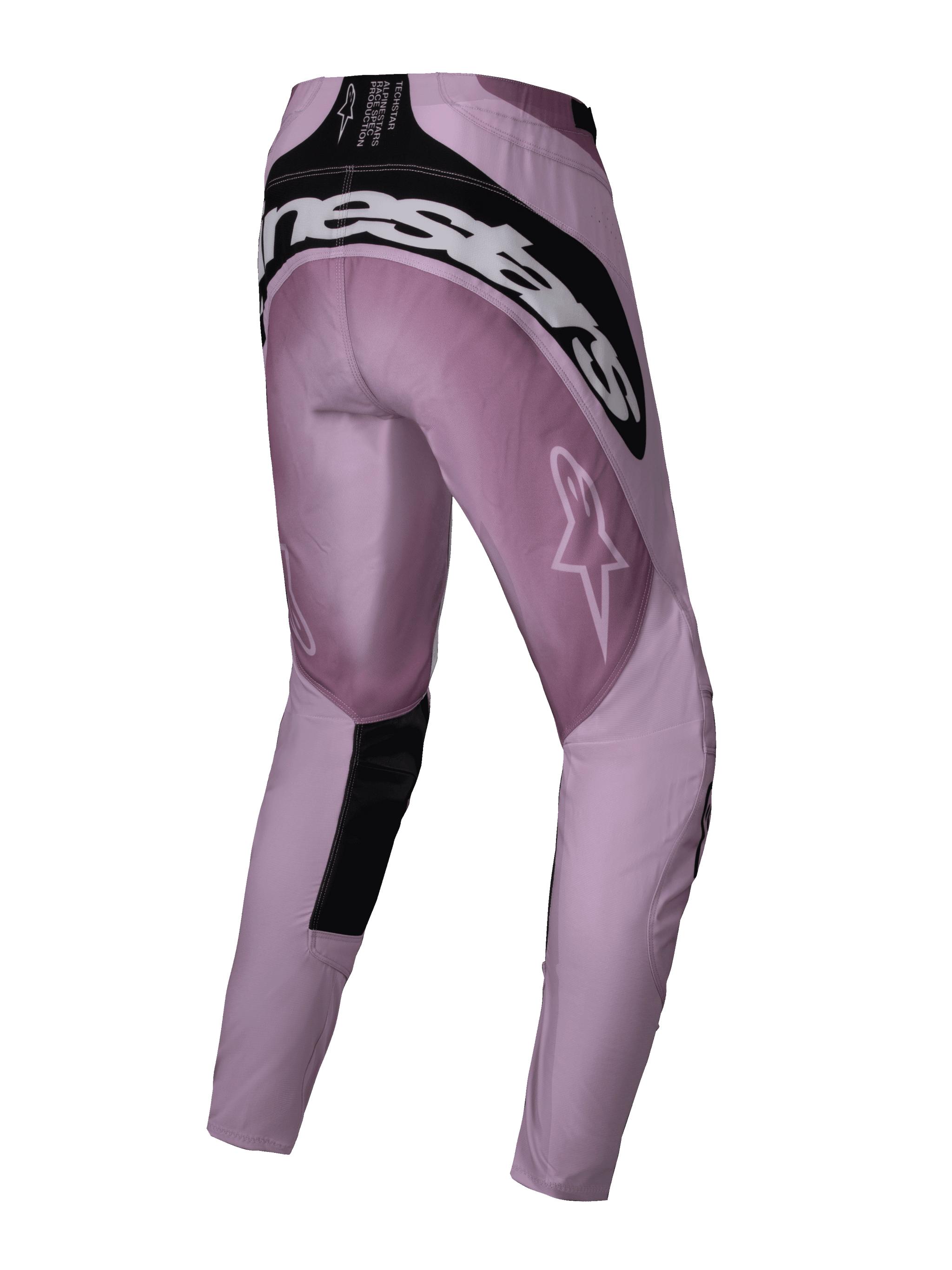 Alpinestars 2025 Stella Techstar Melt Hose, Damen-Motocross-Hose, Blush Black, Rückansicht mit weißem Alpinestars-Logo am Gesäß, schwarzen verstärkten Einsätzen und einem Stern-Logo am Oberschenkel, konzipiert für Offroad-Performance