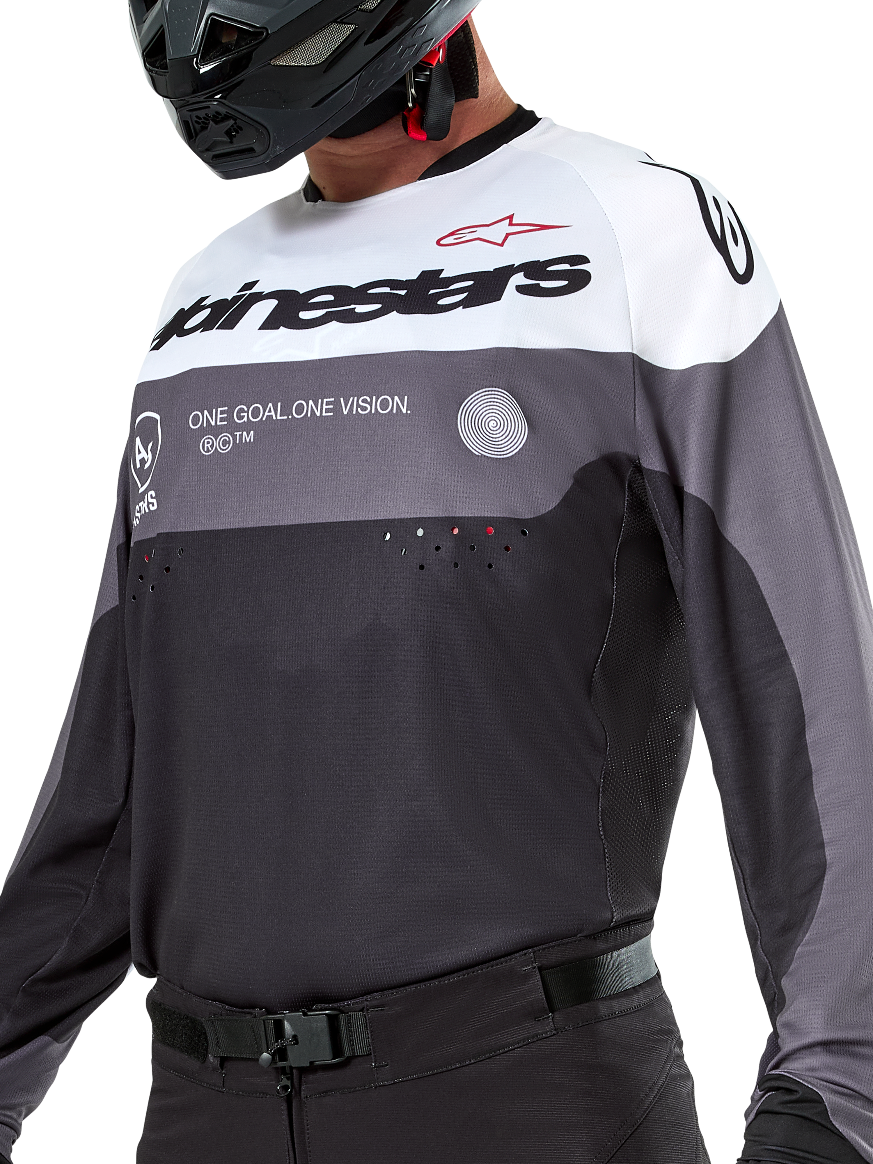 Alpinestars Pro-Dura Trikot, Motocross- und Enduro-Trikot, Schwarz Magnet Weiß, technische Offroad-Bekleidung mit lasergeschnittenen Perforationen und atmungsaktiver Poly-Gewebe-Konstruktion.