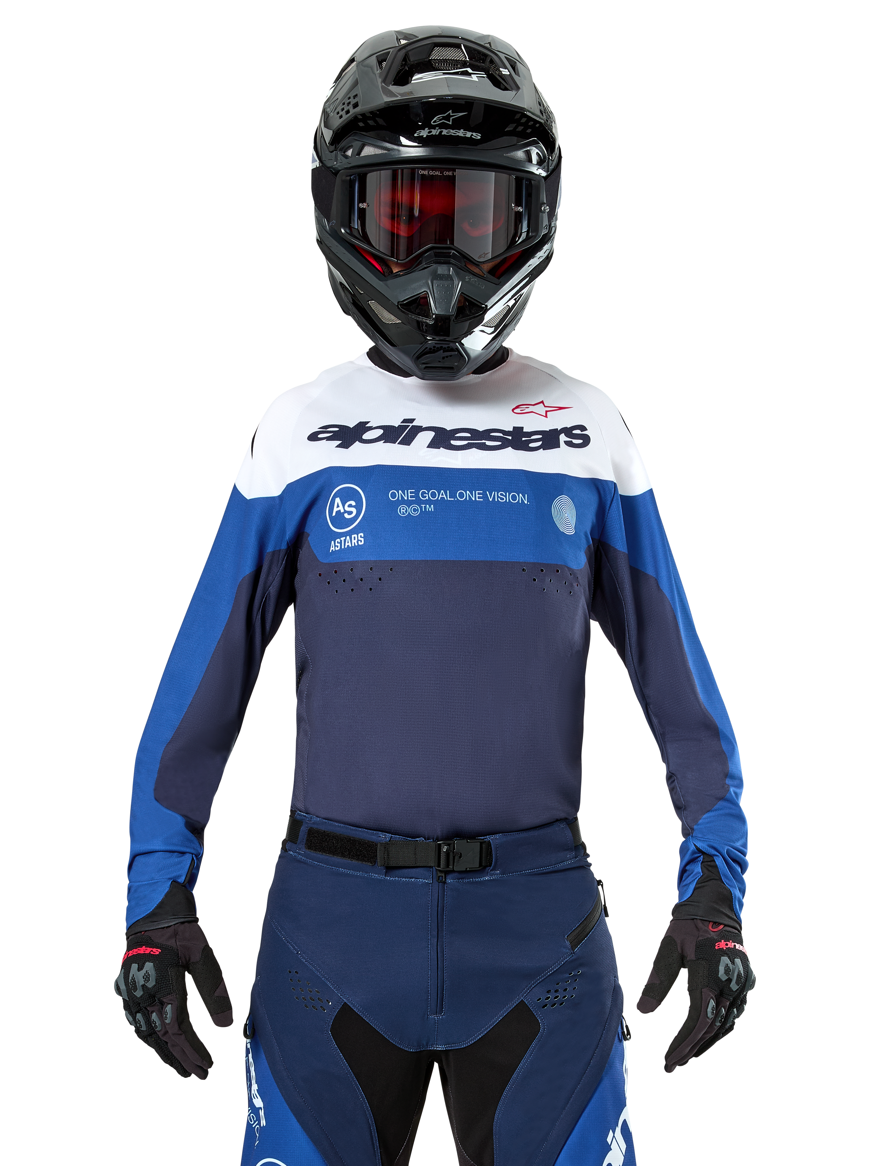 Alpinestars Pro-Dura Jersey, Motocross and Enduro Jersey, Navy, Bright Blue, and White, worn with matching navy pants, black gloves and helmet, featuring chest branding and laser-cut ventilation for off-road motorcycle racing
