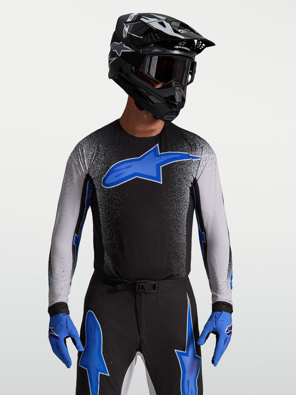 Alpinestars Supertech Hiten AFD Jersey, Men's Motocross Racing Jersey, Black and Blue with athletic pro fit.