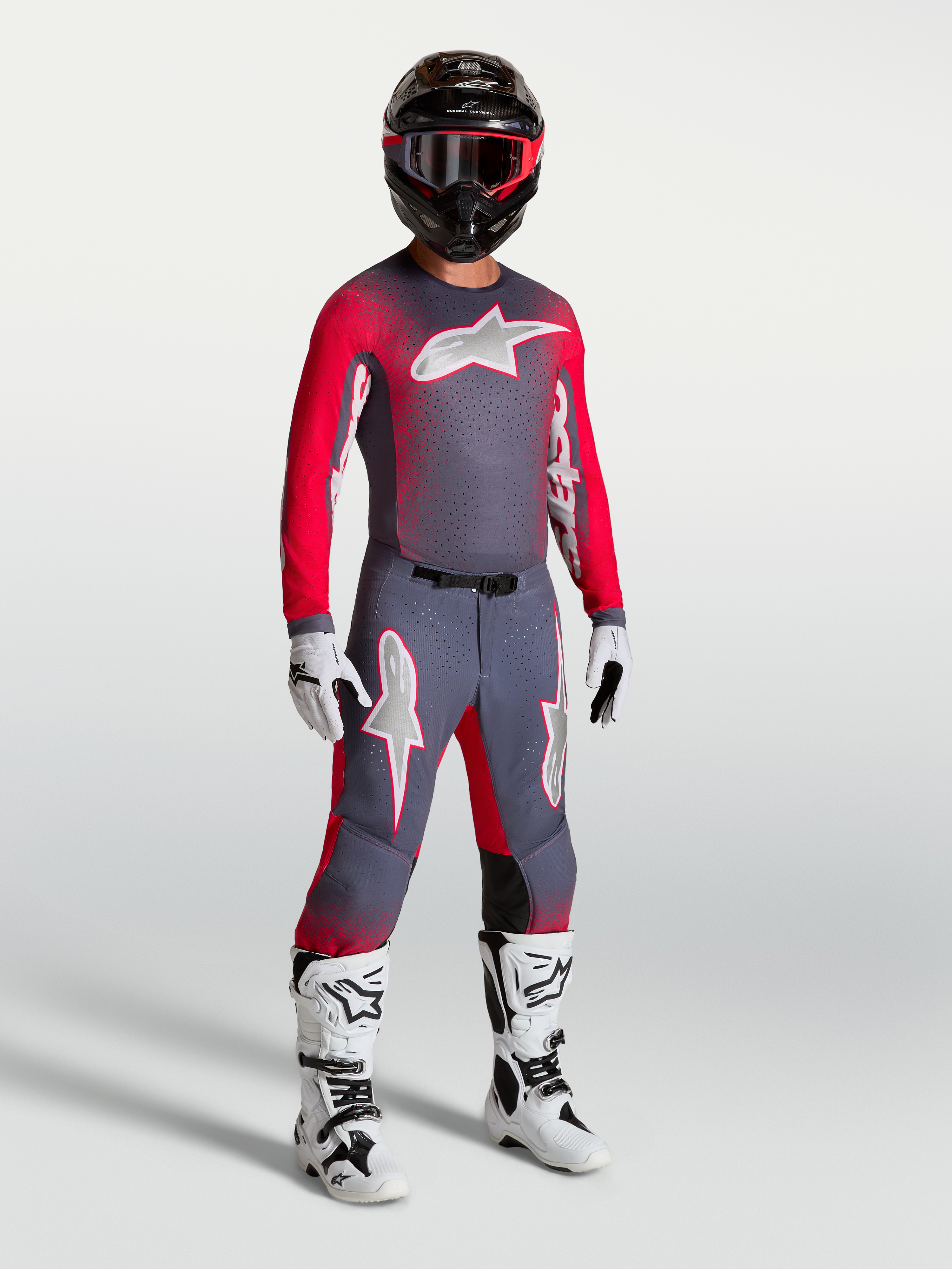 Alpinestars Supertech Hiten AFD Trikot für Herren, Grau und Fluoreszierendes Rot, Stretch-Mesh, athletische Passform.