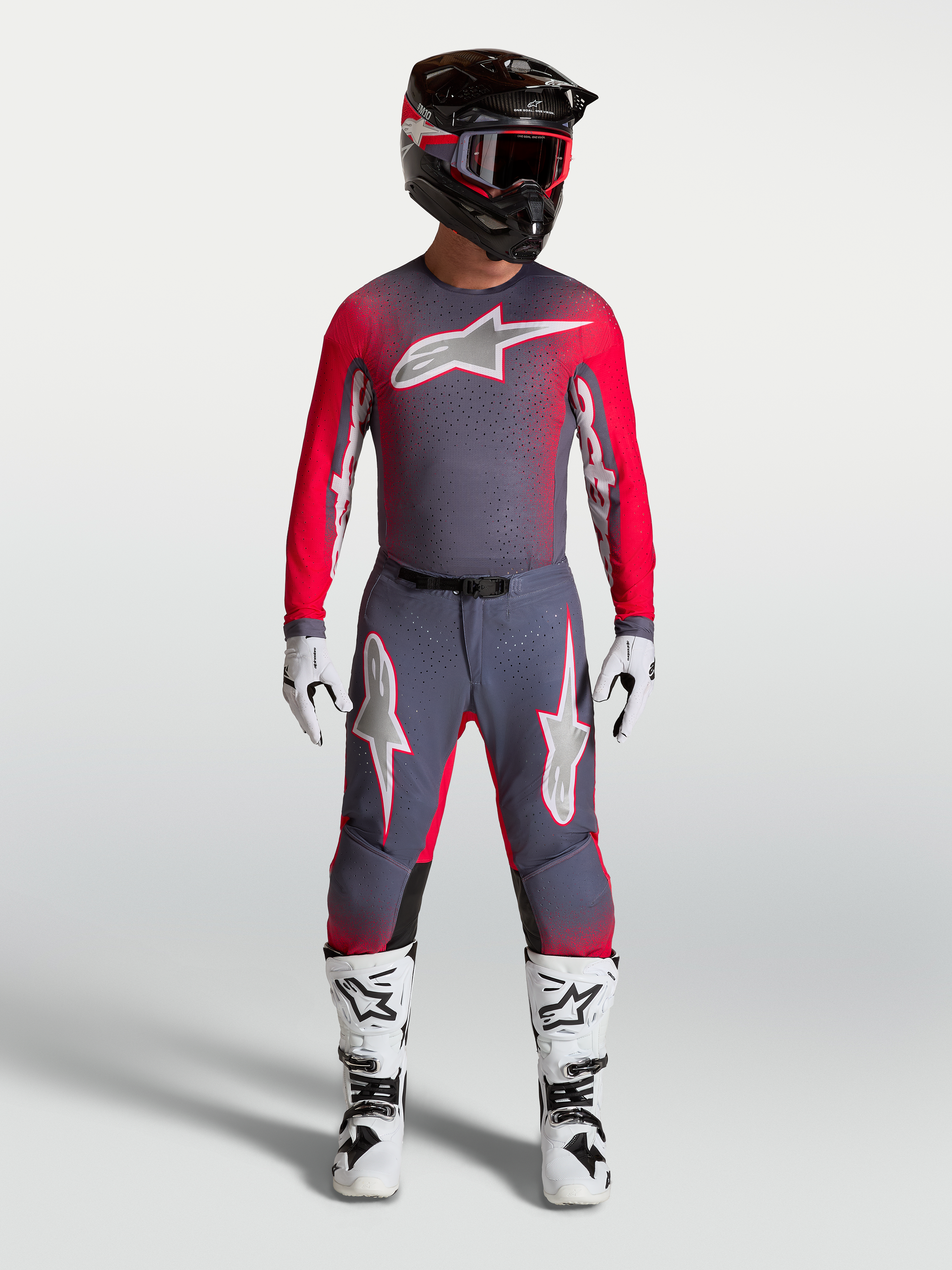 Alpinestars Supertech Hiten AFD Trikot, Motocross-Renntrikot für Herren, Grau und Fluoreszierendes Rot, athletische Passform mit belüftetem Mesh.