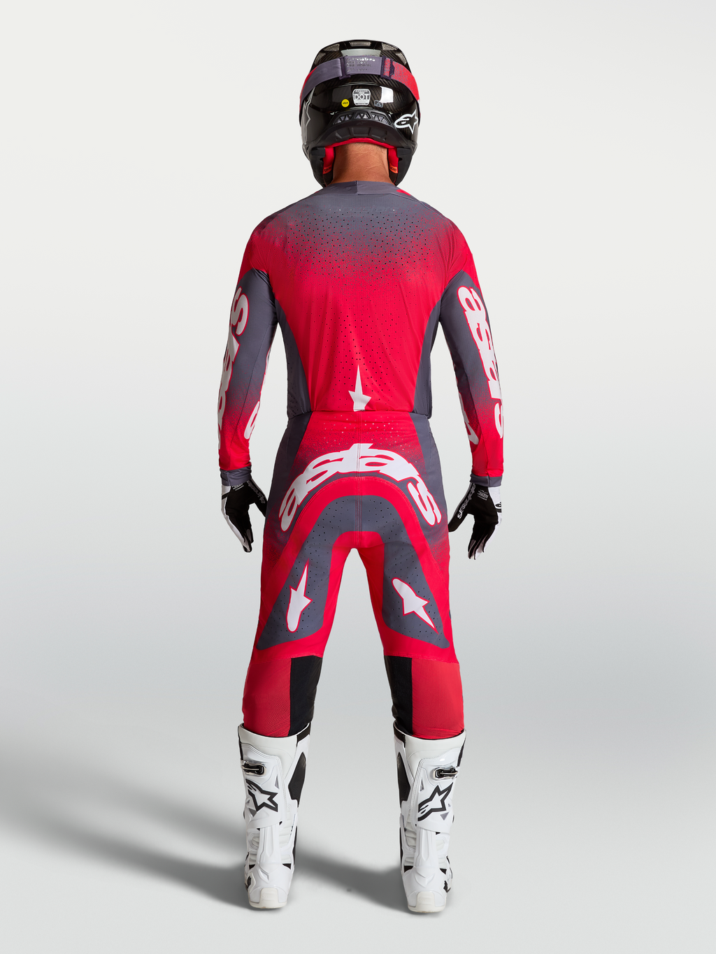 Alpinestars Supertech Hiten AFD Trikot, Rot und Grau, professionelle Motocross-Rennausrüstung, Rückansicht am Model.
