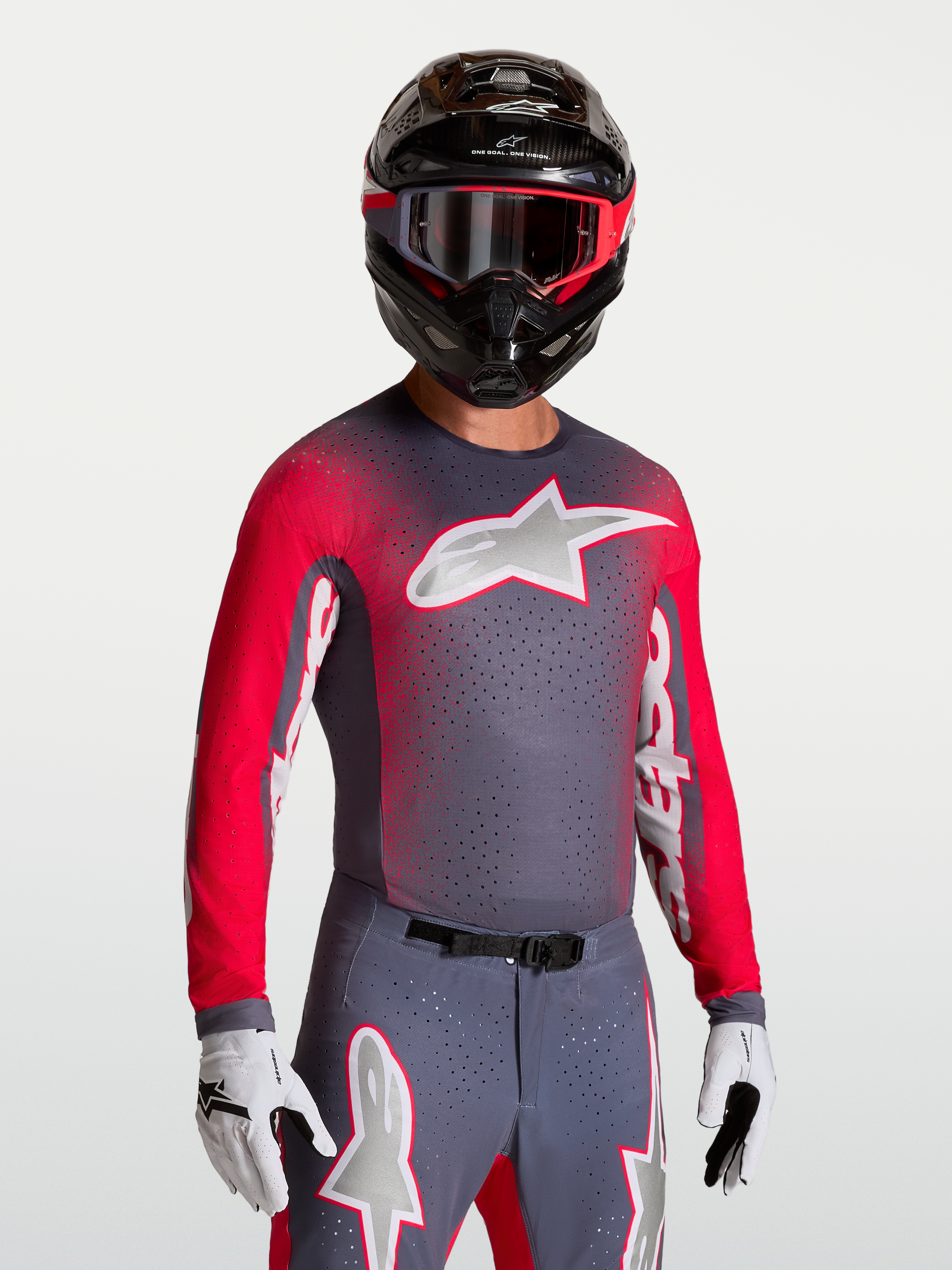 Alpinestars Supertech Hiten AFD Trikot, Herren-Motocross-Oberteil in Grau und Rot Fluo mit atmungsaktivem Mesh.