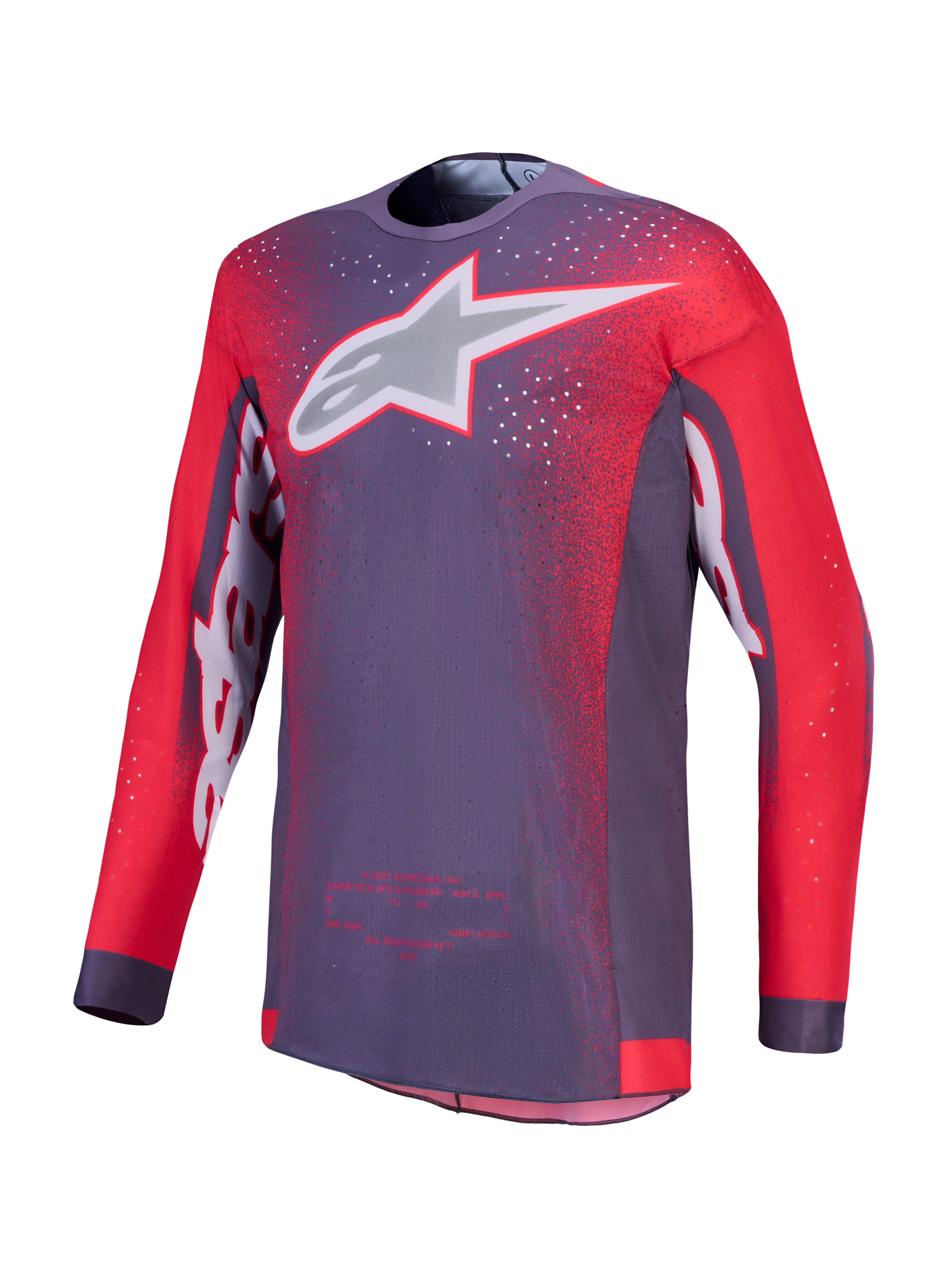 Alpinestars Supertech Hiten AFD Trikot, Motocross-Renntrikot für Herren, Grau und Rot-Fluo, belüftetes Stretch-Mesh.