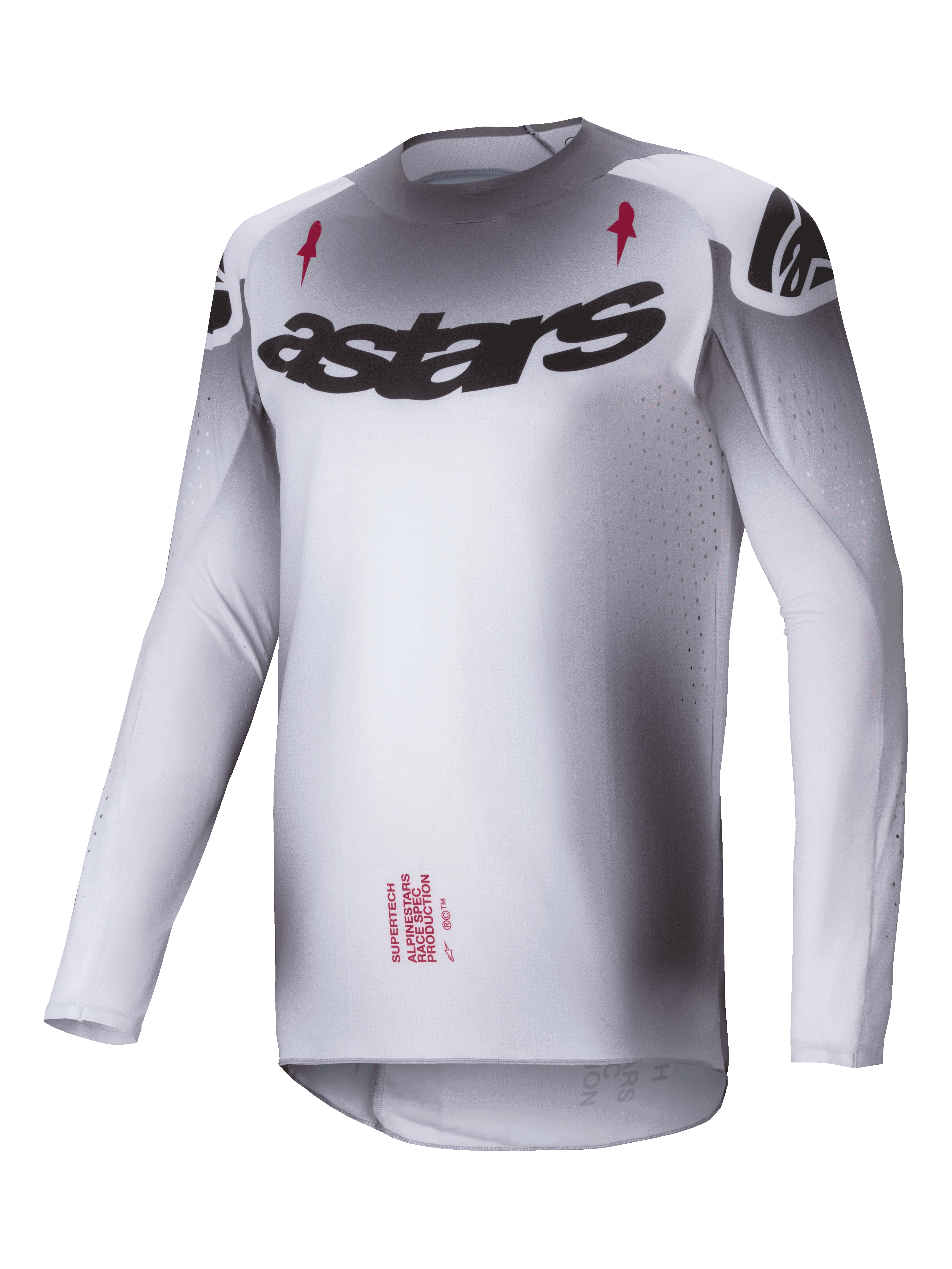 Alpinestars 2025 Supertech Maker Jersey, Motocross Jersey, Silver and Black, lightweight stretch mesh construction with athletic race fit