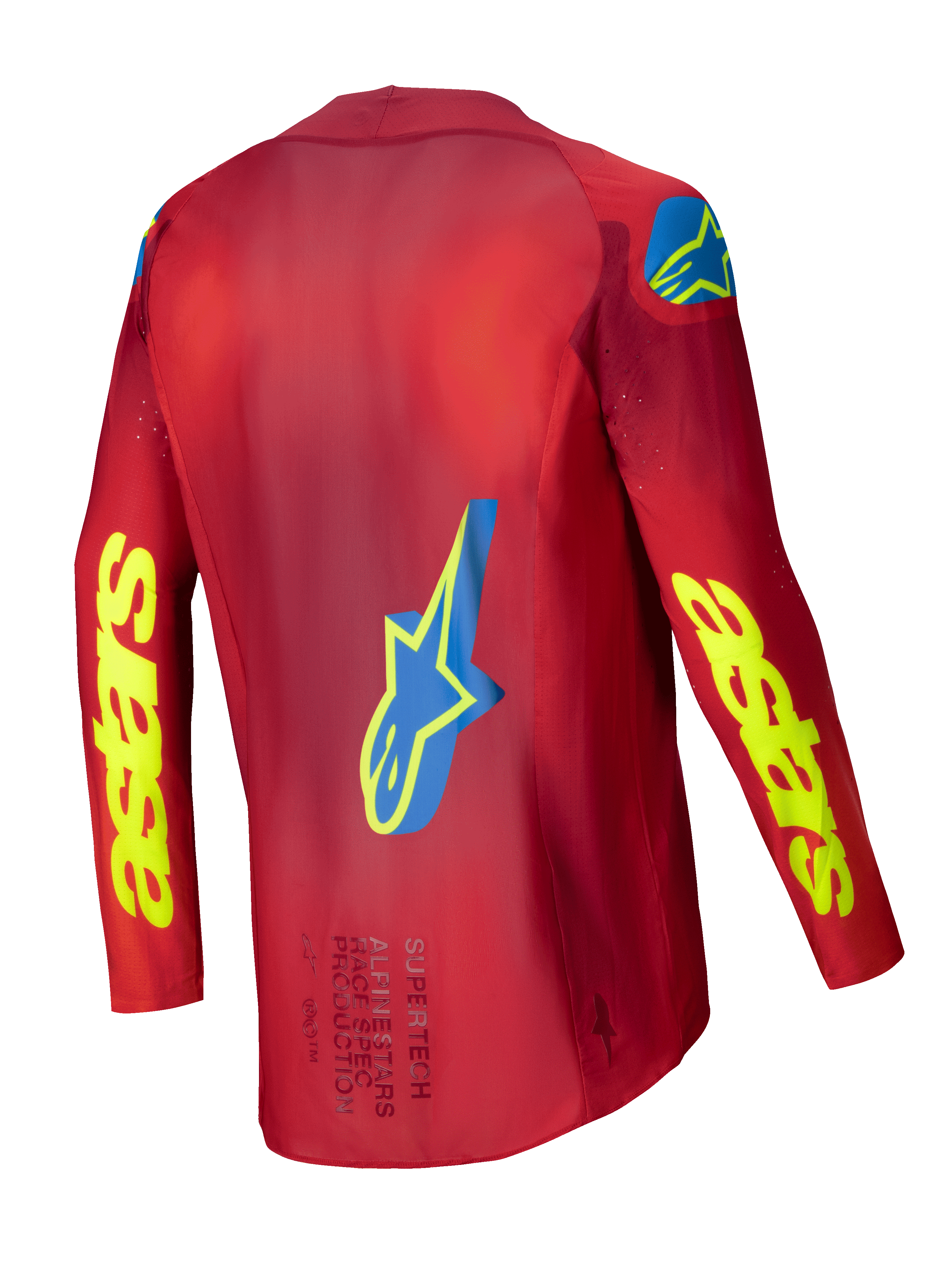 Alpinestars 2025 Supertech Maker Trikot, Motocross-Renntrikot, Herren, leuchtendes Rot und Gelb Fluo, Rückansicht mit Stretch-Mesh-Konstruktion und Grafikdetails