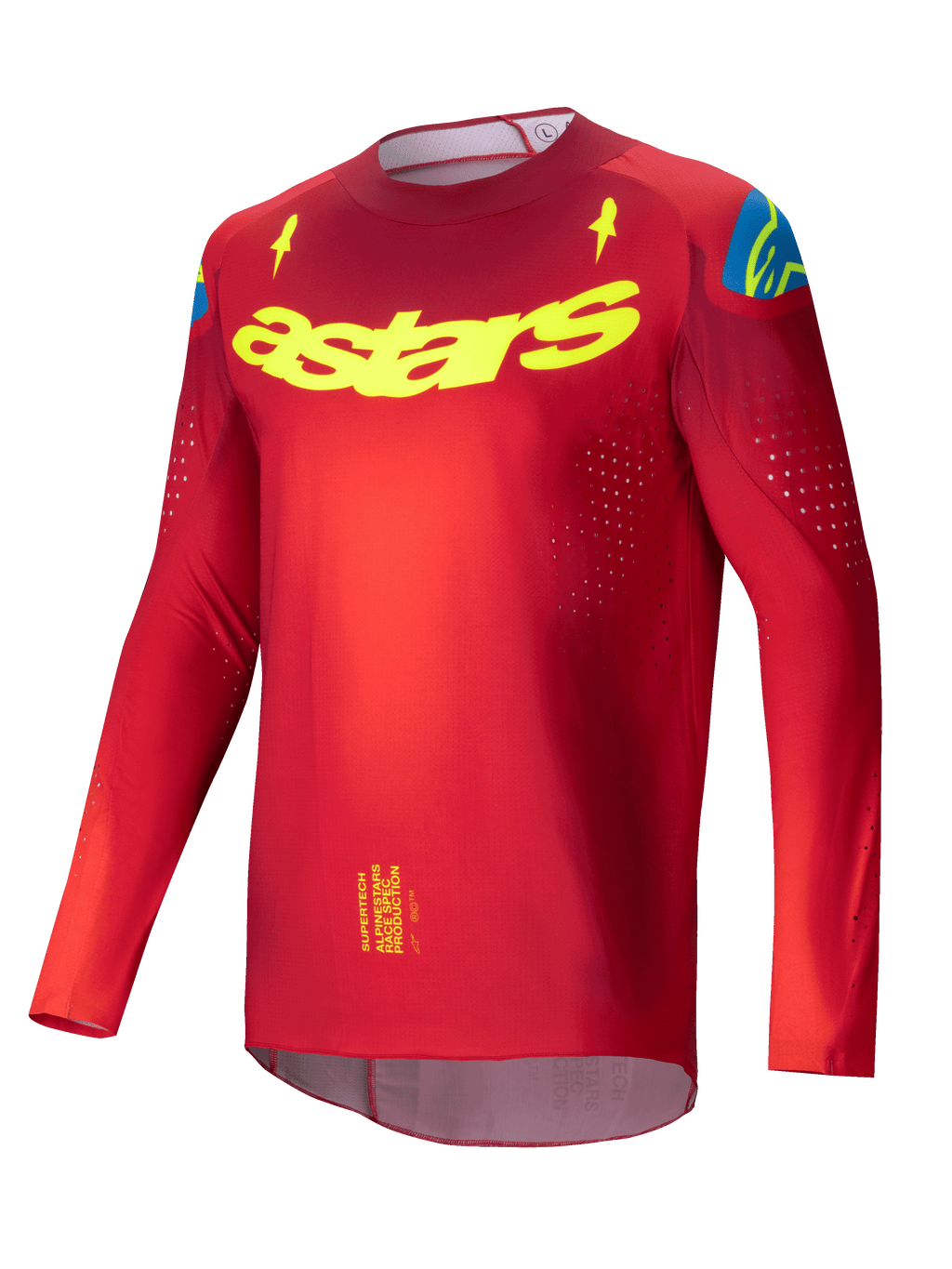 Alpinestars 2025 Supertech Maker Trikot, Pro-Level Motocross-Trikot für Herren in Rot und Gelb Fluo, ultraleichtes Stretch-Mesh mit lasergeschnittenen Belüftungsperforationen