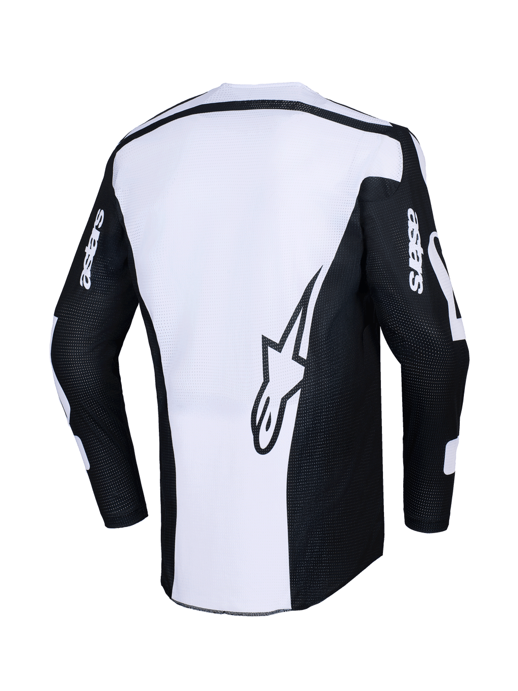 Alpinestars 2026 Racer Air Riway Jersey, Motocross-Trikot, Schwarz und Weiß, Rückansicht mit großem Stern-Logo auf weißem Panel, schwarze Ärmel mit „astars“-Branding, perforiertes Mesh-Gewebe für Luftzirkulation, technische Offroad-Fahrerausrüstung