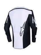 Alpinestars 2026 Racer Air Riway Jersey, Motocross-Trikot, Schwarz und Weiß, Rückansicht mit großem Stern-Logo auf weißem Panel, schwarze Ärmel mit „astars“-Branding, perforiertes Mesh-Gewebe für Luftzirkulation, technische Offroad-Fahrerausrüstung