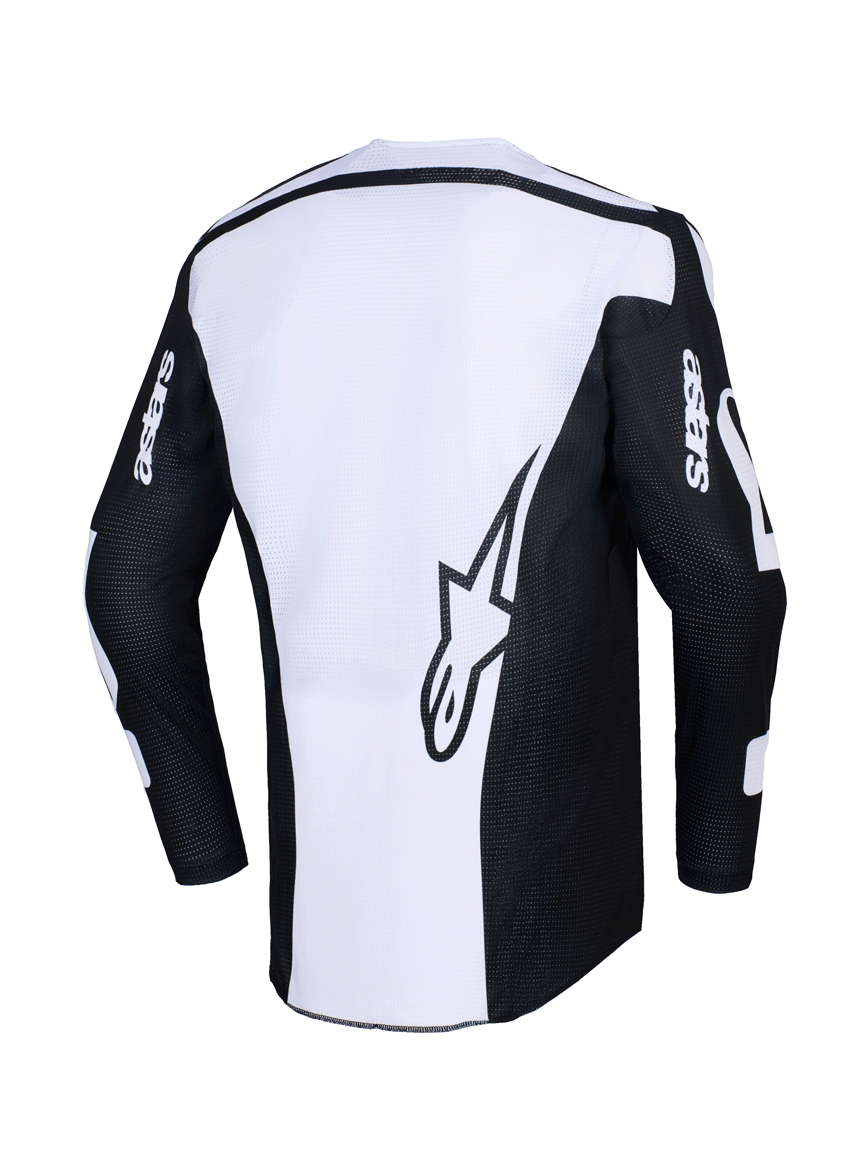 Alpinestars 2026 Racer Air Riway Jersey, Motocross-Trikot, Schwarz und Weiß, Rückansicht mit großem Stern-Logo auf weißem Panel, schwarze Ärmel mit „astars“-Branding, perforiertes Mesh-Gewebe für Luftzirkulation, technische Offroad-Fahrerausrüstung