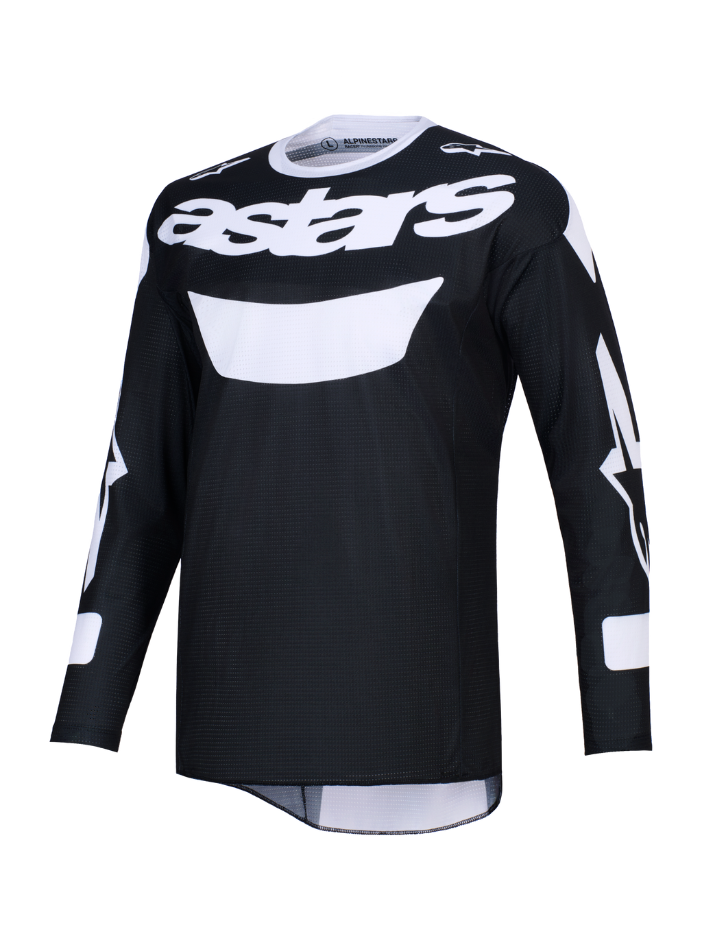 Alpinestars 2026 Racer Air Riway Jersey, Motocross-Trikot in Schwarz und Weiß, markantes weißes astars-Branding auf der Brust, leichtes Mesh-Gewebe für hohe Luftzirkulation, lange Ärmel, sportliche Passform für Offroad-Performance
