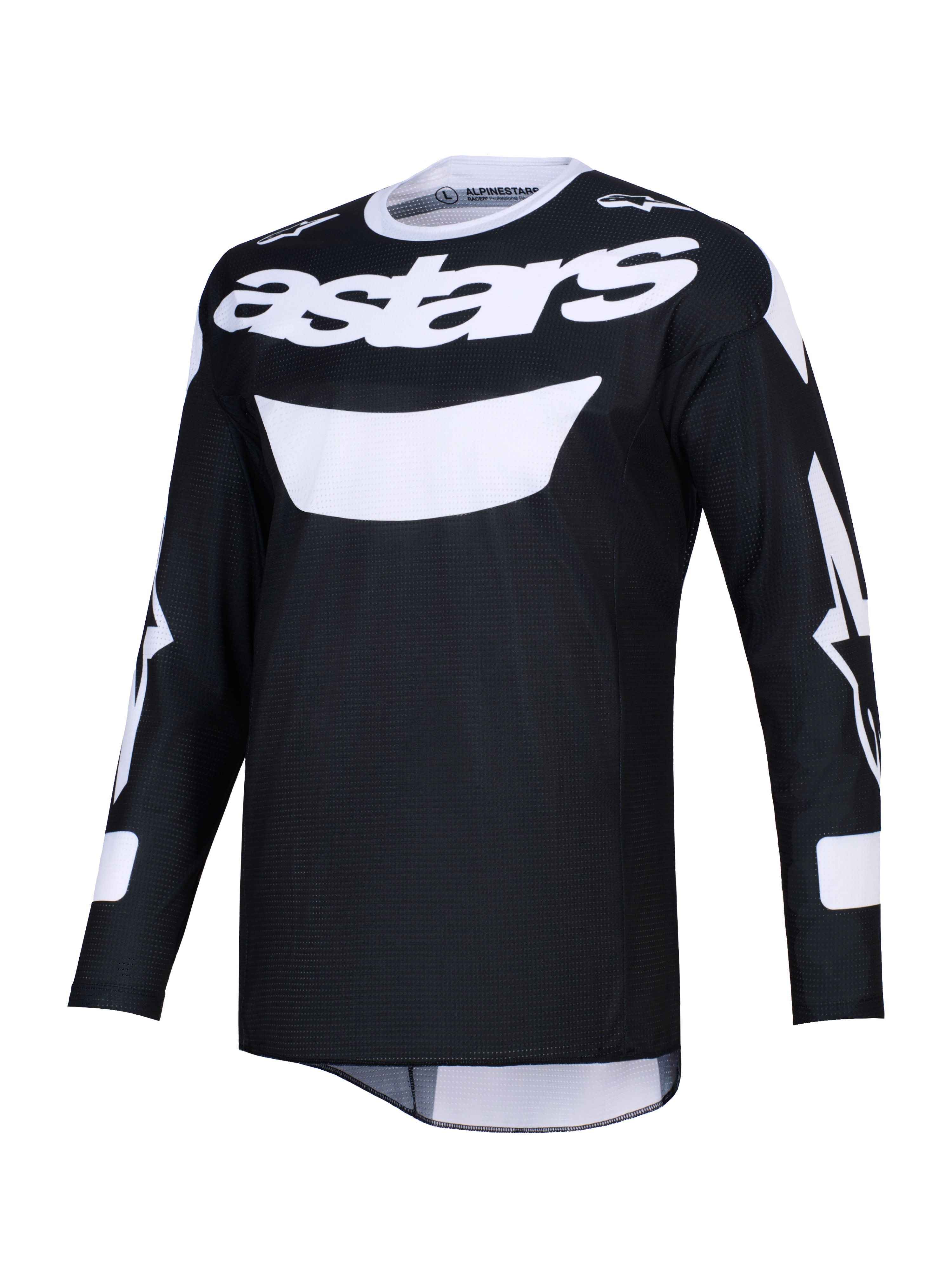 Alpinestars 2026 Racer Air Riway Jersey, Motocross-Trikot in Schwarz und Weiß, markantes weißes astars-Branding auf der Brust, leichtes Mesh-Gewebe für hohe Luftzirkulation, lange Ärmel, sportliche Passform für Offroad-Performance