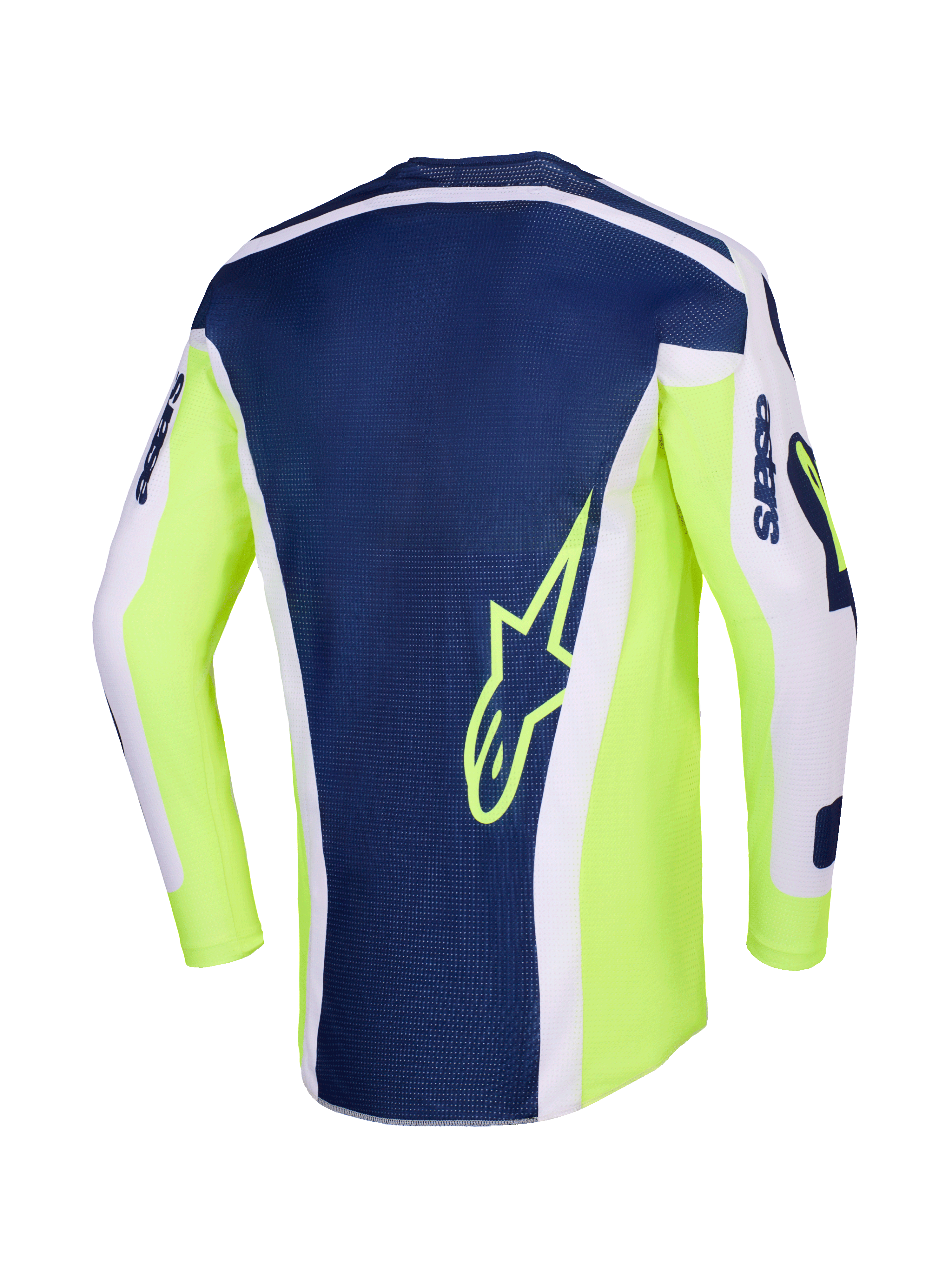 Alpinestars 2026 Racer Air Riway Jersey, Motocross Jersey, Light Gray Yellow Fluo and Blue, back view featuring a navy blue central panel with a yellow star logo, bright yellow fluo sides, and light gray sleeves for off-road performance.