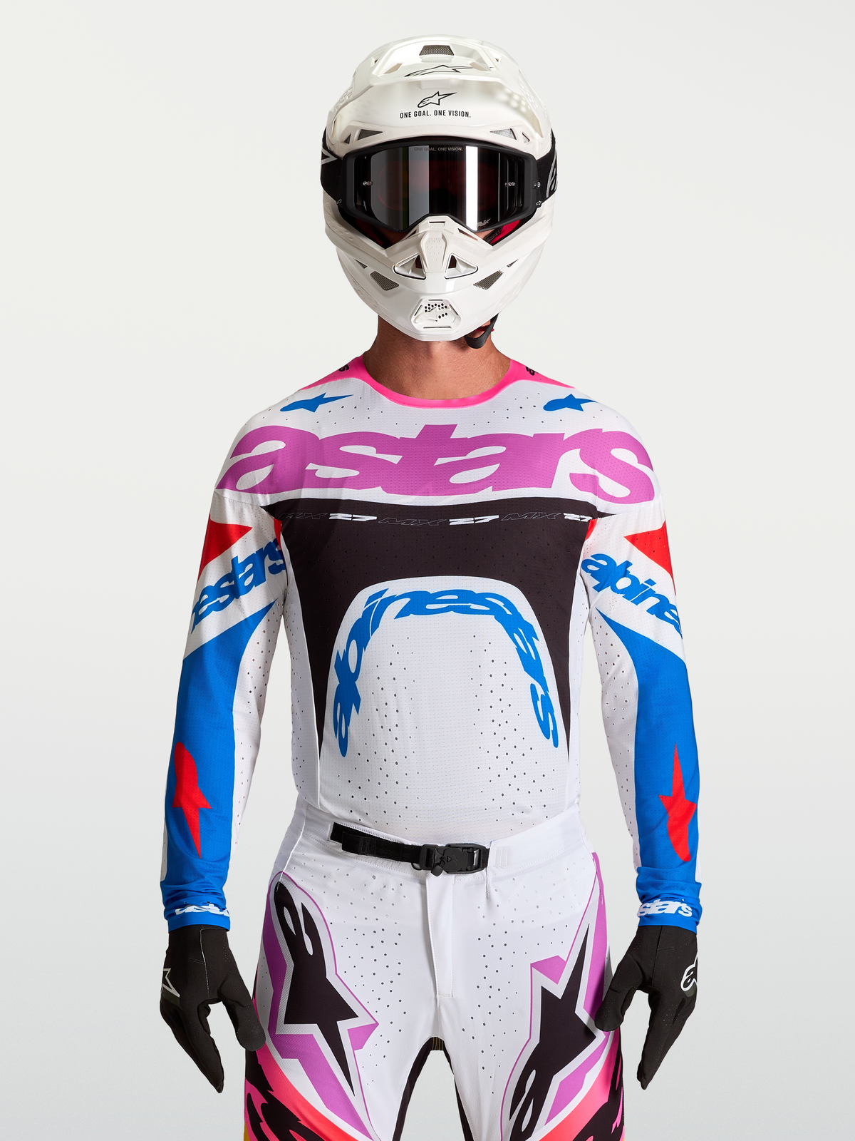 Alpinestars Supertech Dyna Jersey, white and blue men's motocross racing top with breathable lightweight stretch mesh.