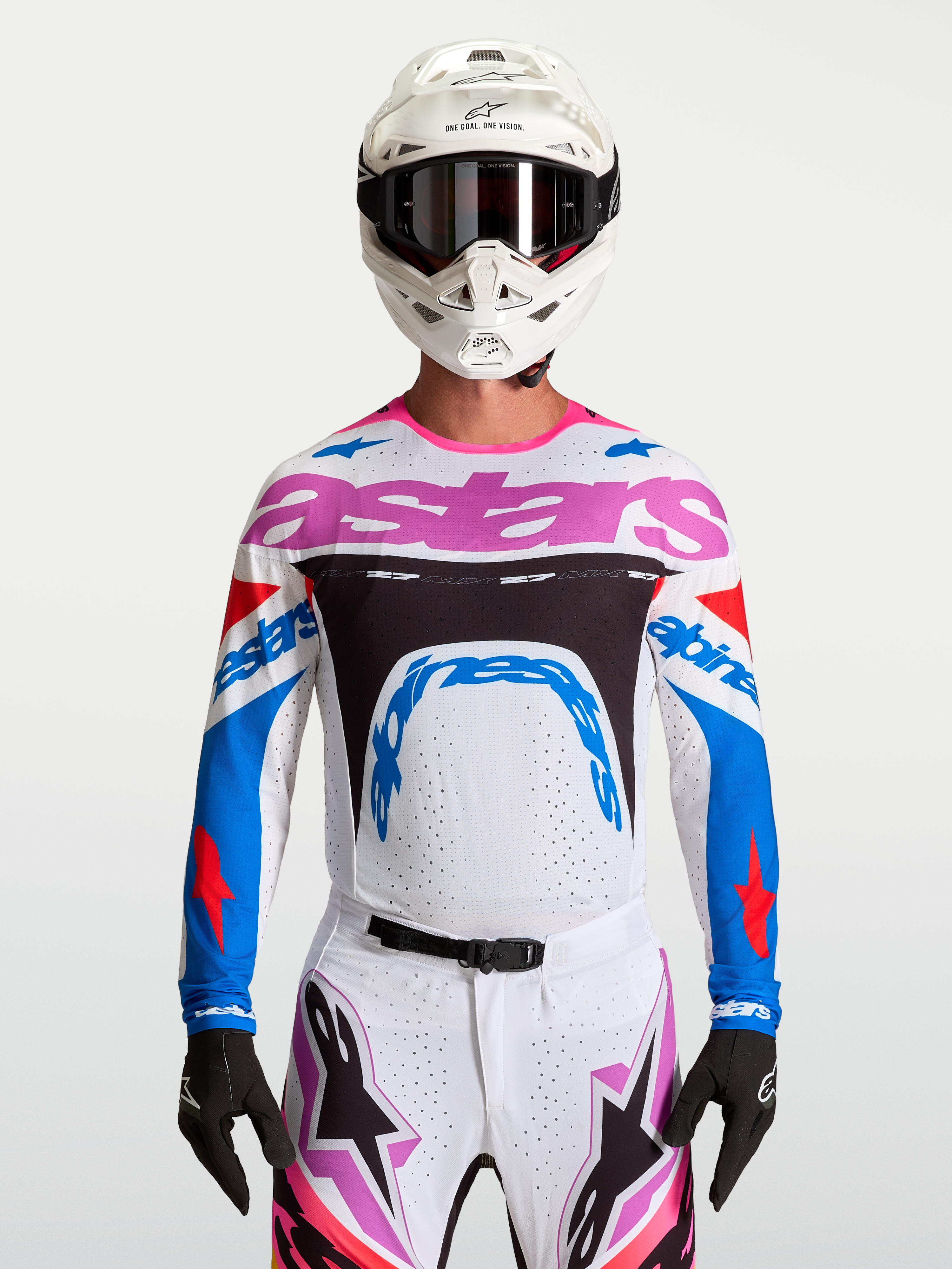 Alpinestars Supertech Dyna Trikot, weiß-blaues Herren-Motocross-Oberteil mit Pink, aus atmungsaktivem Stretch-Mesh.