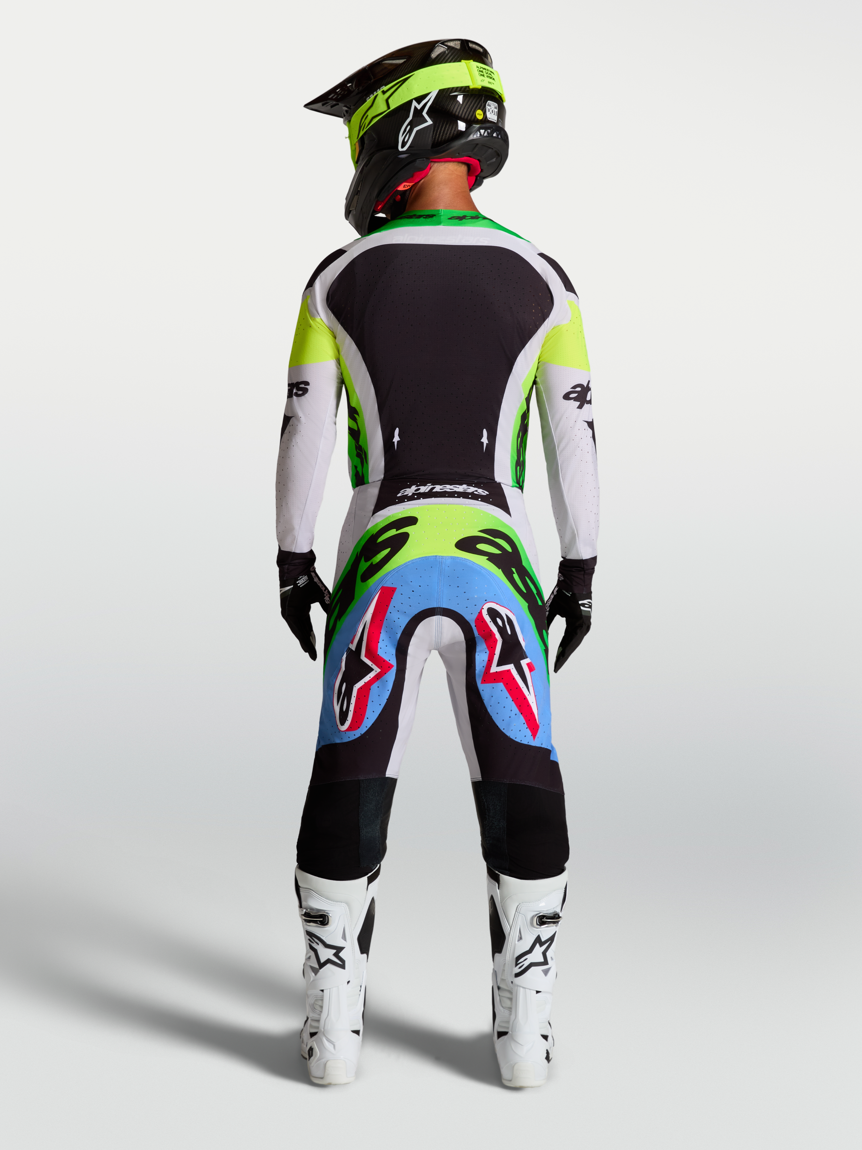Alpinestars 2027 Supertech Dyna Trikot und Ausrüstungsset, Herren-Profi-Motocross-Outfit, Grün Fluo und Schwarz, Rückansicht.