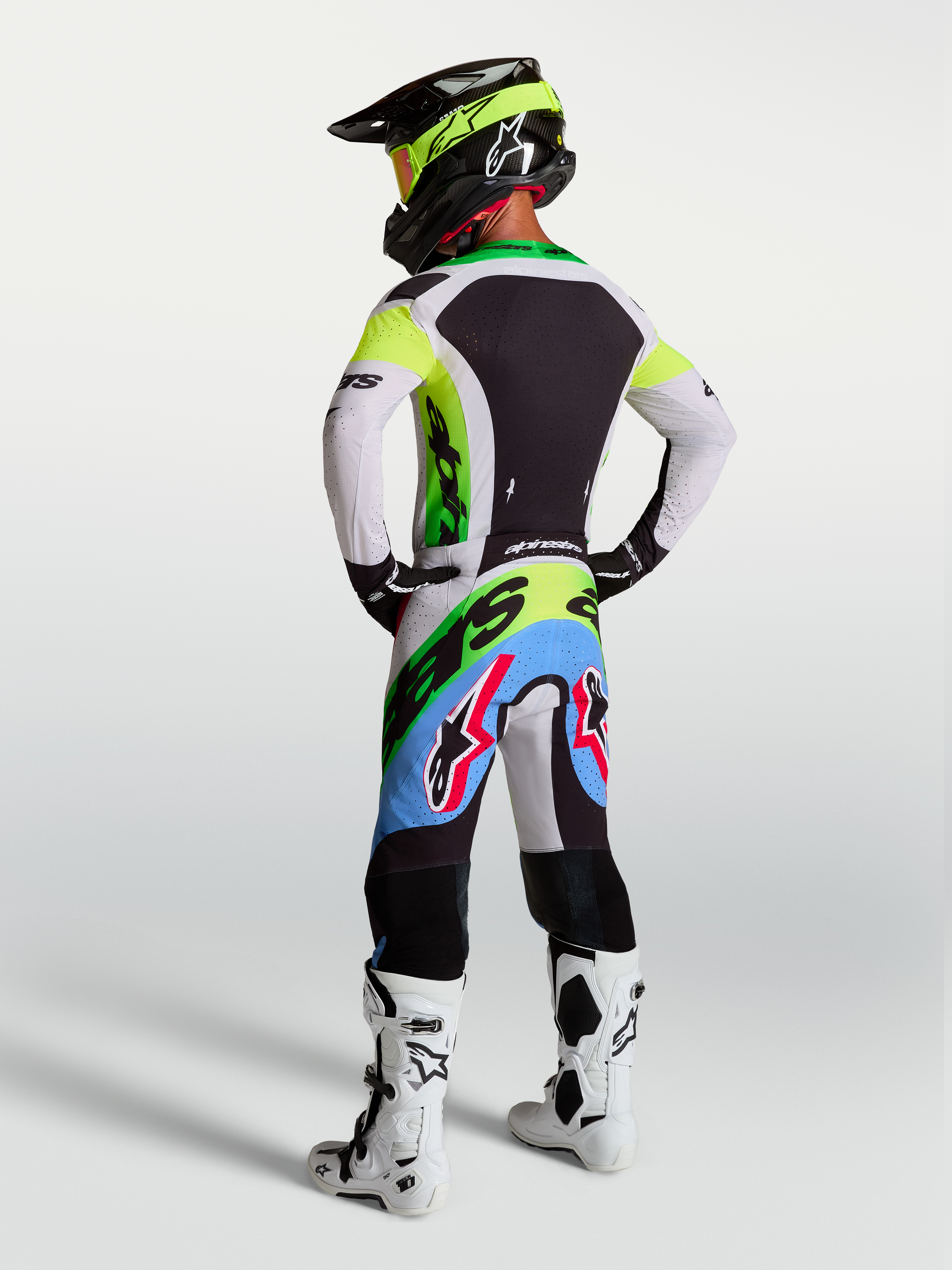 Alpinestars Supertech Dyna Trikot und Gear Set, Motocross-Bekleidung für Herren in Fluo-Grün und Lila, Rückansicht