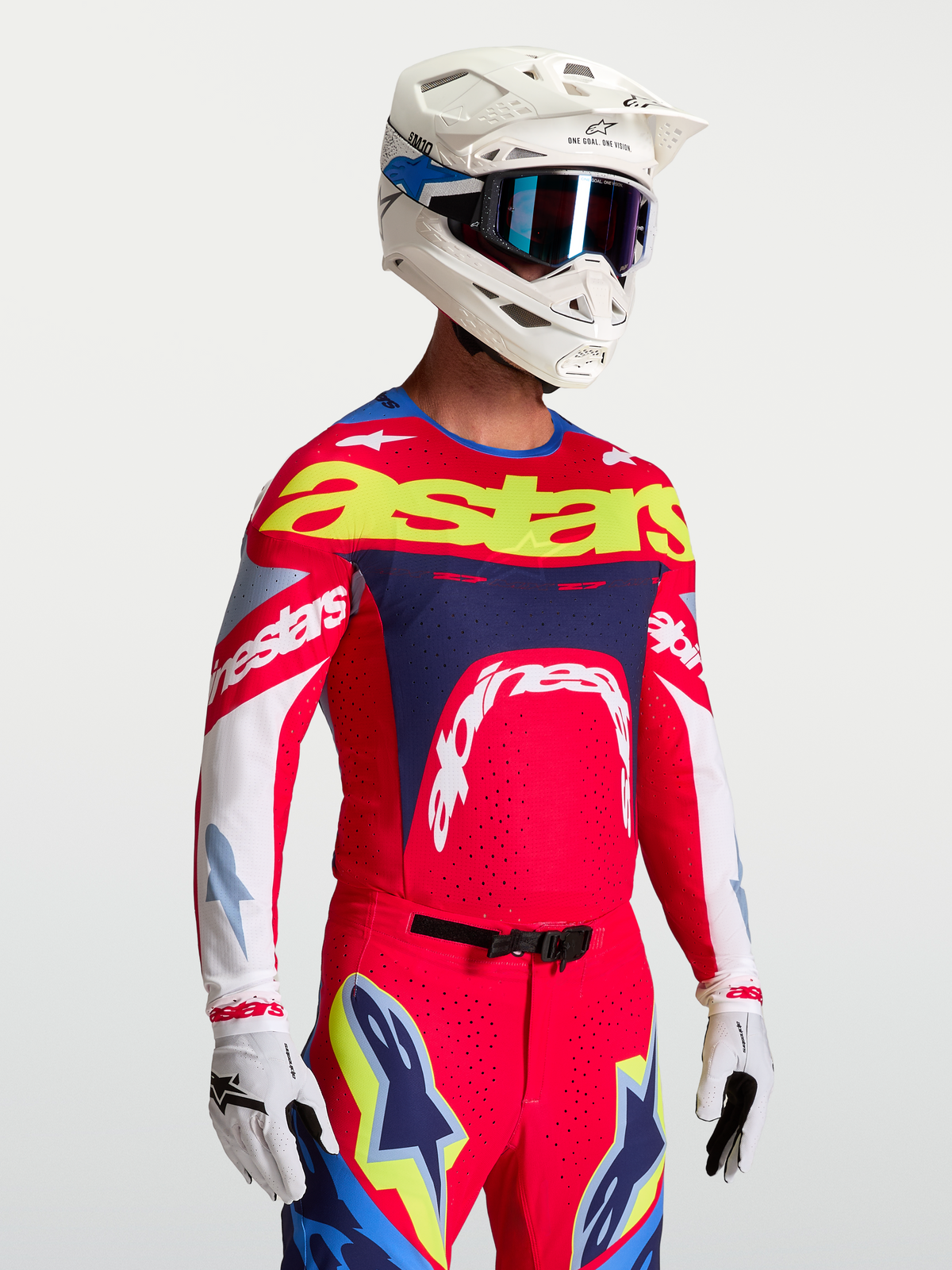 Alpinestars Supertech Dyna Jersey, Men's Motocross Racing Jersey, Fire Red and Navy Blue with ventilated stretch mesh panels.