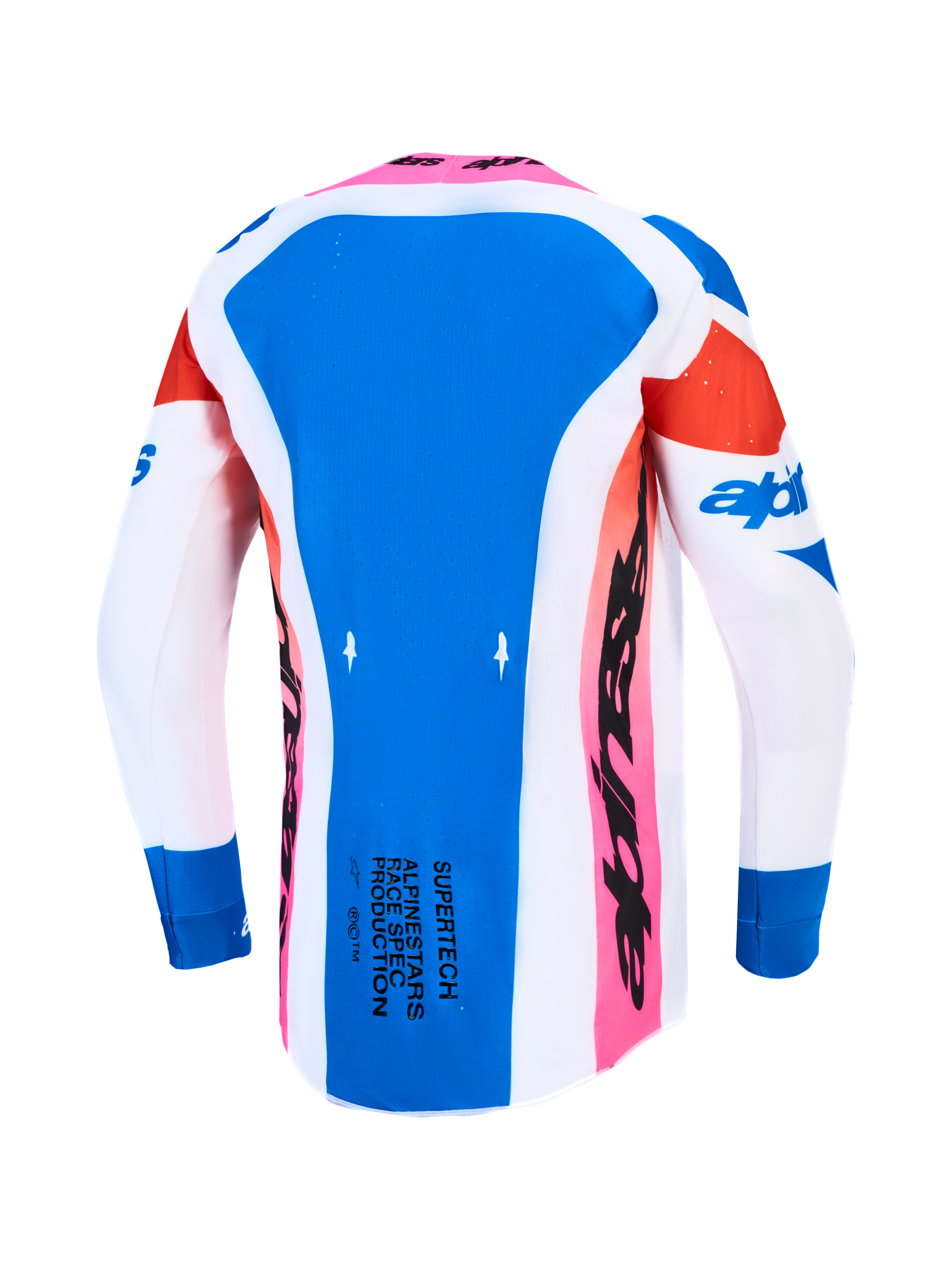 Alpinestars Supertech Dyna Trikot, Motocross-Trikot für Herren, Blau-Weiß, Rückansicht mit atmungsaktivem Stretch-Mesh.