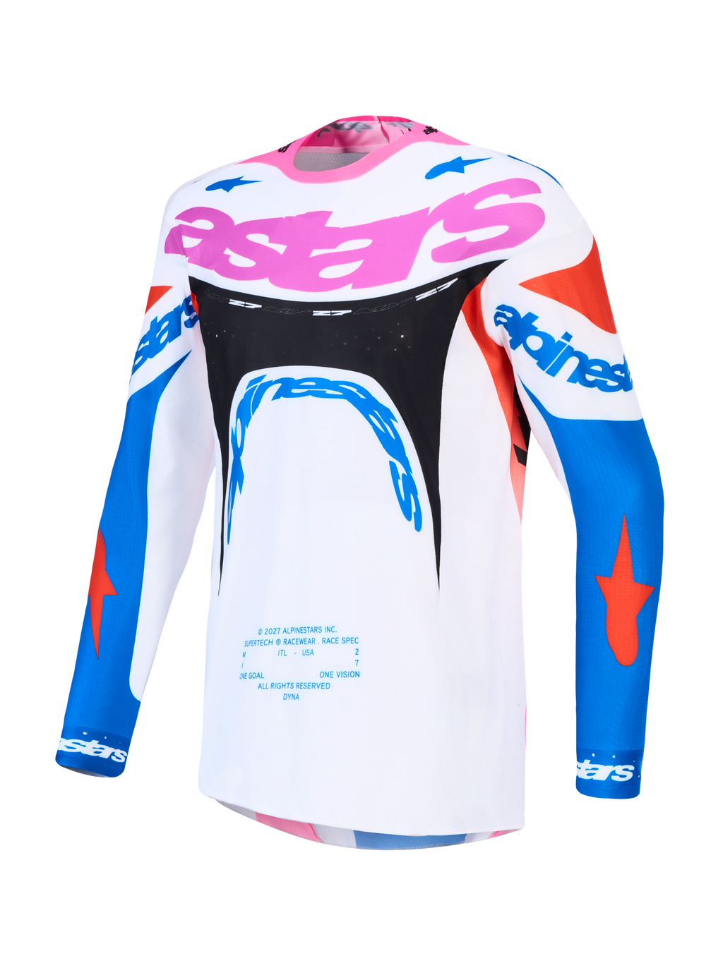 Alpinestars Supertech Dyna Herren-Motocross-Trikot, Weiß, Blau und Pink, aus atmungsaktivem Stretch-Mesh.