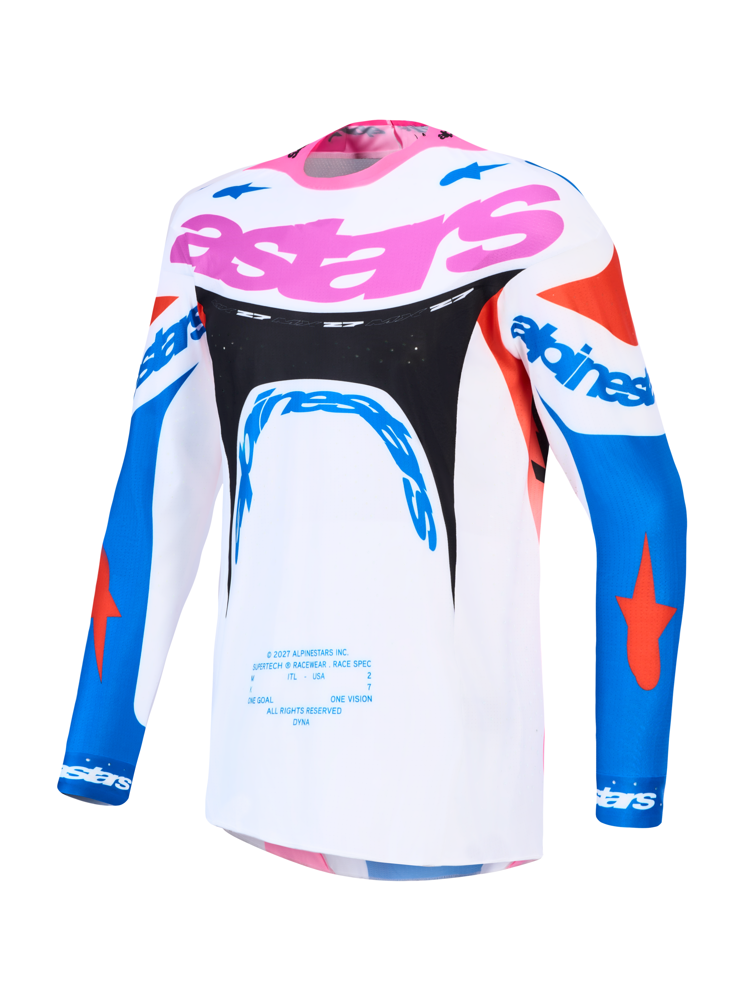 Alpinestars Supertech Dyna Herren-Motocross-Trikot, Weiß, Blau und Pink, aus atmungsaktivem Stretch-Mesh.