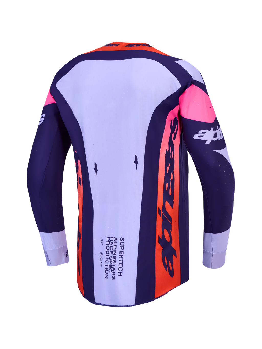 Alpinestars Supertech Dyna Trikot, Herren-MX-Trikot, Helllila und Dunkelviolett, belüftetes Stretch-Mesh, Rückansicht.