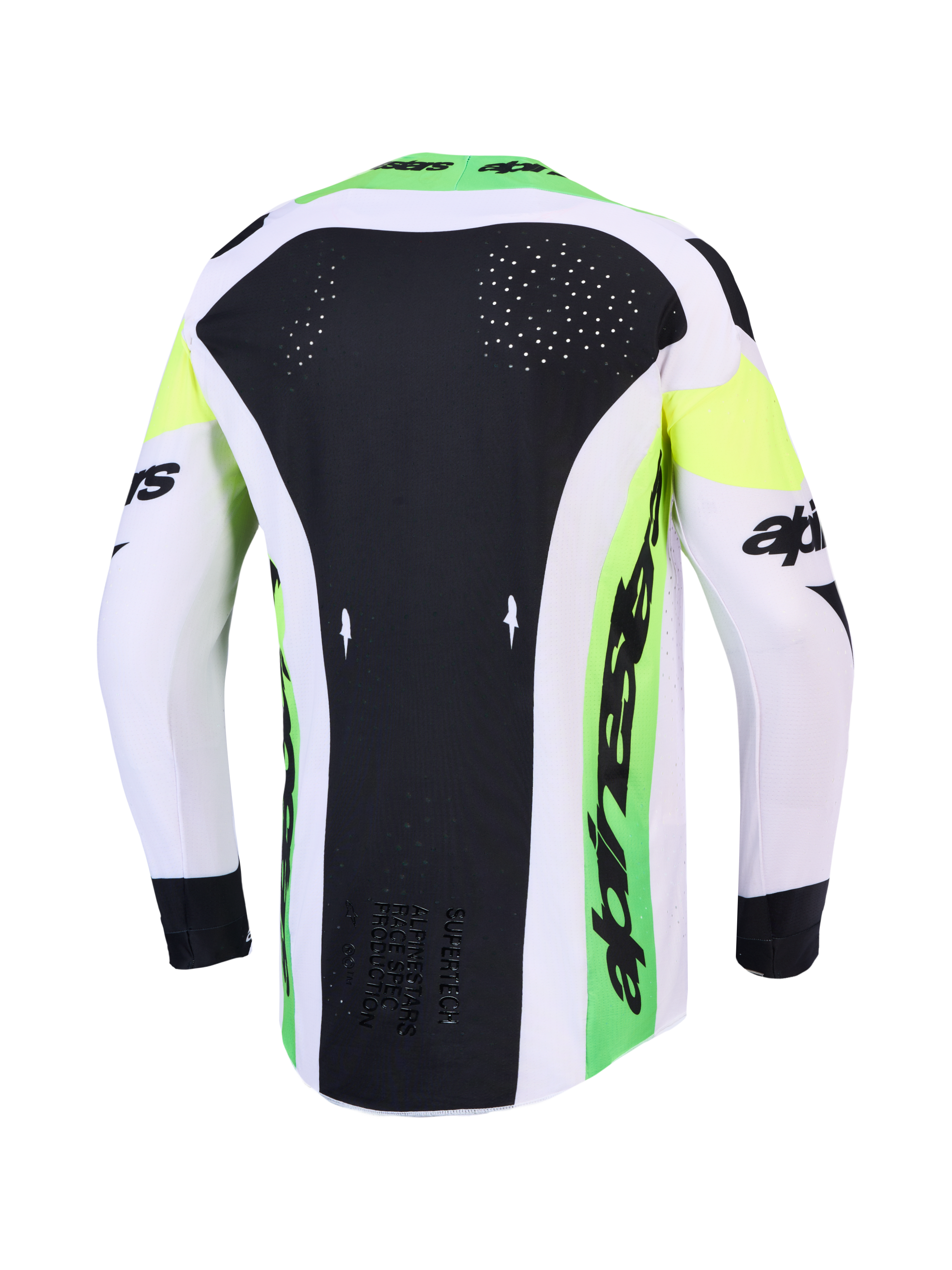 Alpinestars 2027 Supertech Dyna Trikot AND Ausrüstungsset, Motocross-Top, Schwarz-Grün, lasergefertigte Rückenbelüftung.