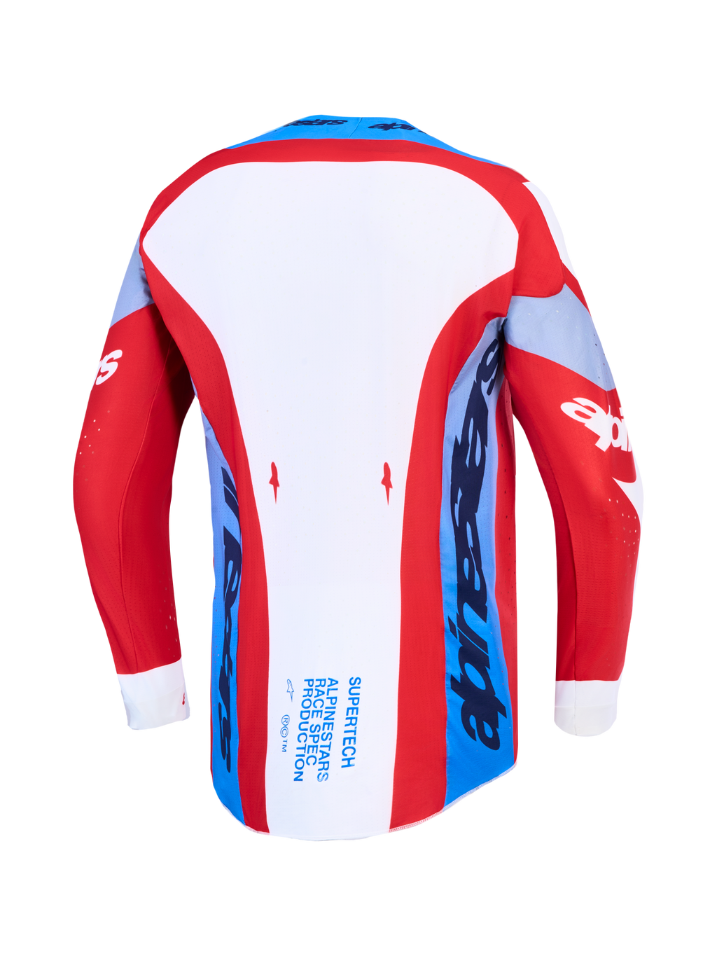 Alpinestars Supertech Dyna Trikot, Motocross-Renntrikot, Rot, Weiß und Marineblau, Rückansicht mit verlängertem Saum.