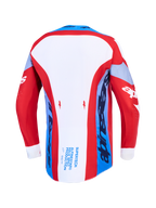 Alpinestars Supertech Dyna Trikot, Motocross-Renntrikot, Rot, Weiß und Marineblau, Rückansicht mit verlängertem Saum.