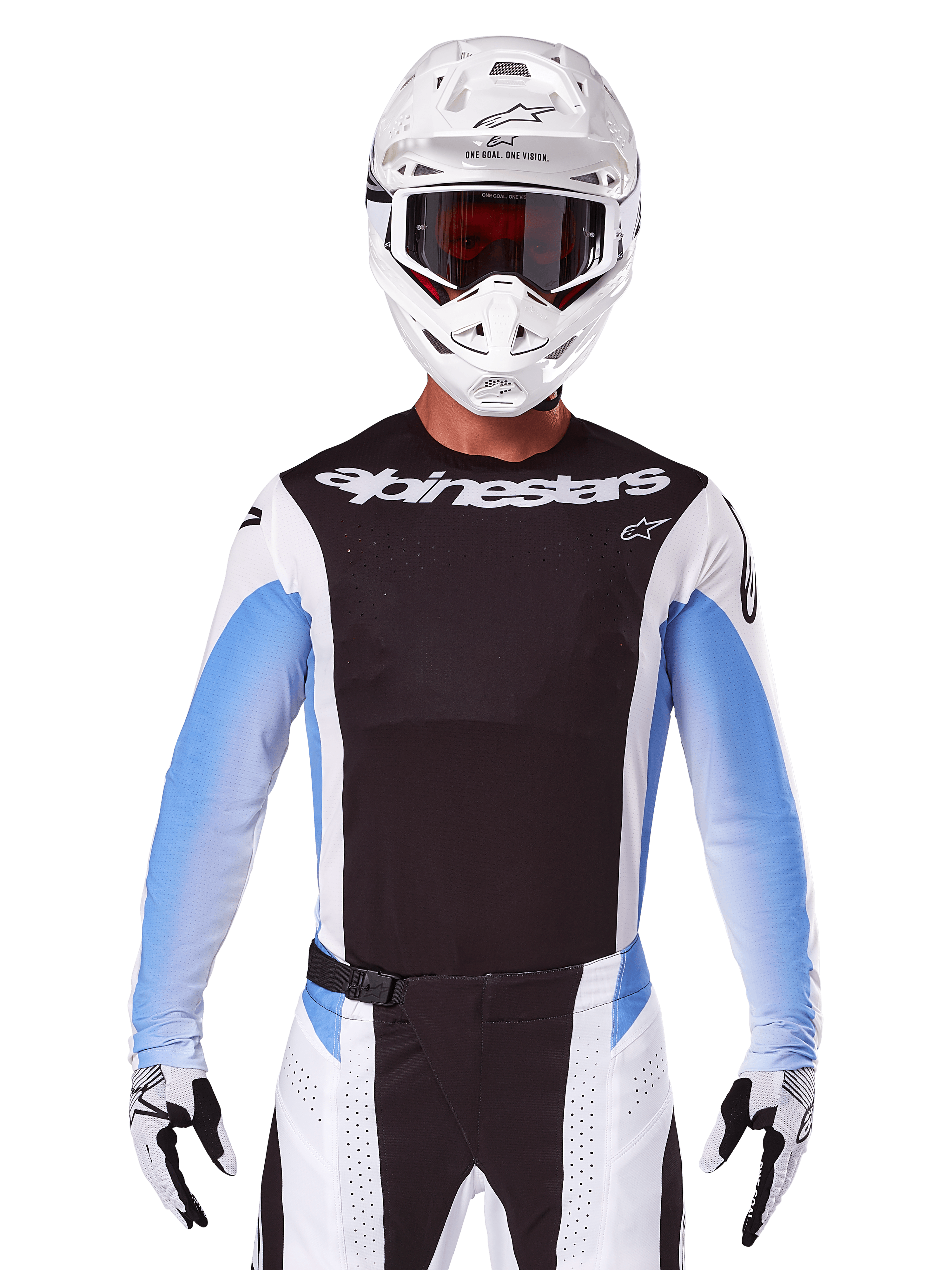 Alpinestars 2025 Techstar Melt Trikot, Motocross-Rennausrüstung, Schwarz, Weiß und Blau, langärmliges Trikot mit passender Hose und Handschuhen, Fahrer in kompletter MX-Ausrüstung mit weißem Helm und Goggles