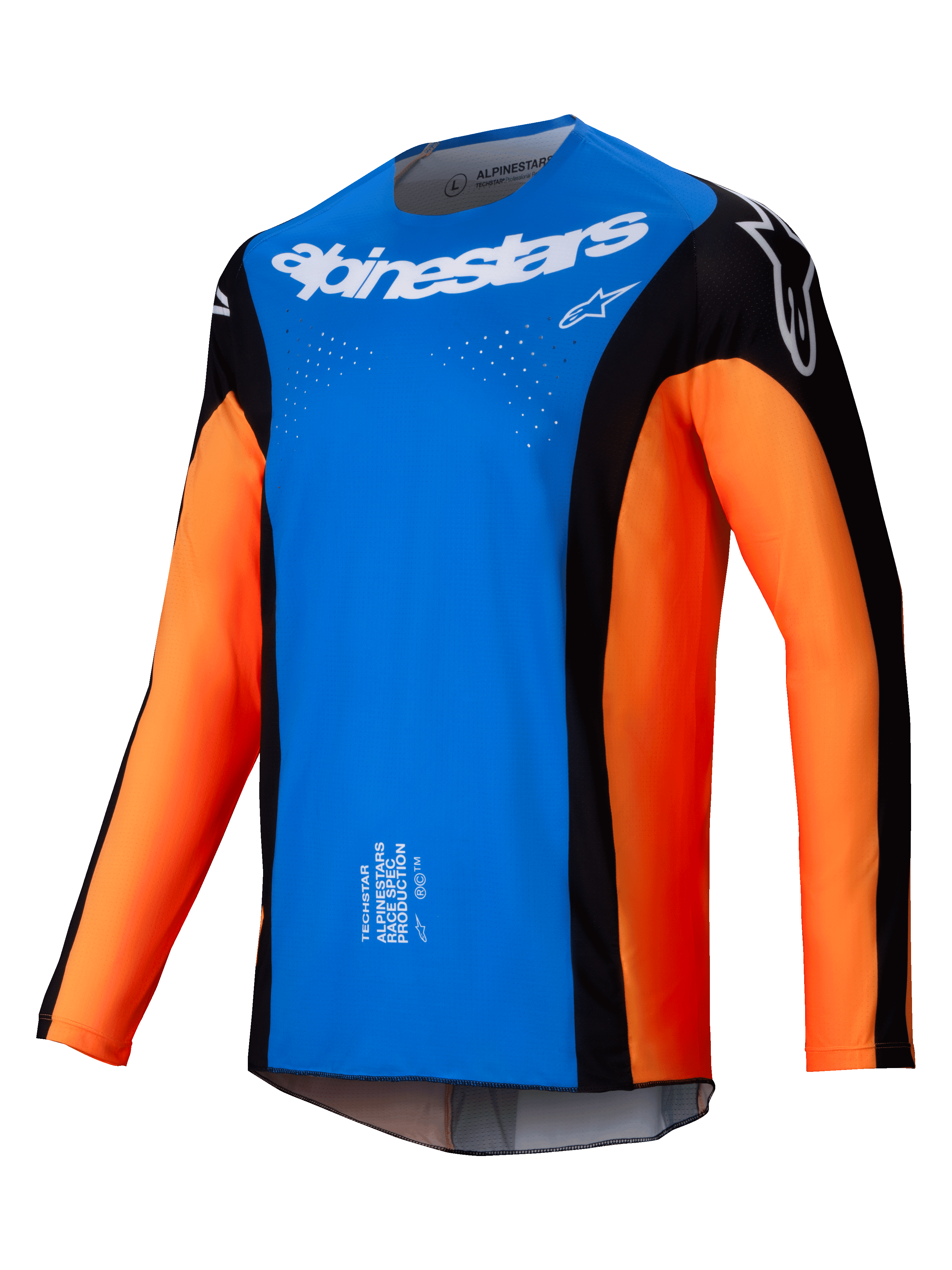 Alpinestars 2025 Techstar Melt Jersey, Motocross-Jersey, Hellblau und Orange mit schwarzen Panels, weißes Alpinestars-Logo auf der Brust, lasergeschnittene Belüftungslöcher, technisches Langarm-Design für Offroad-Rennsport