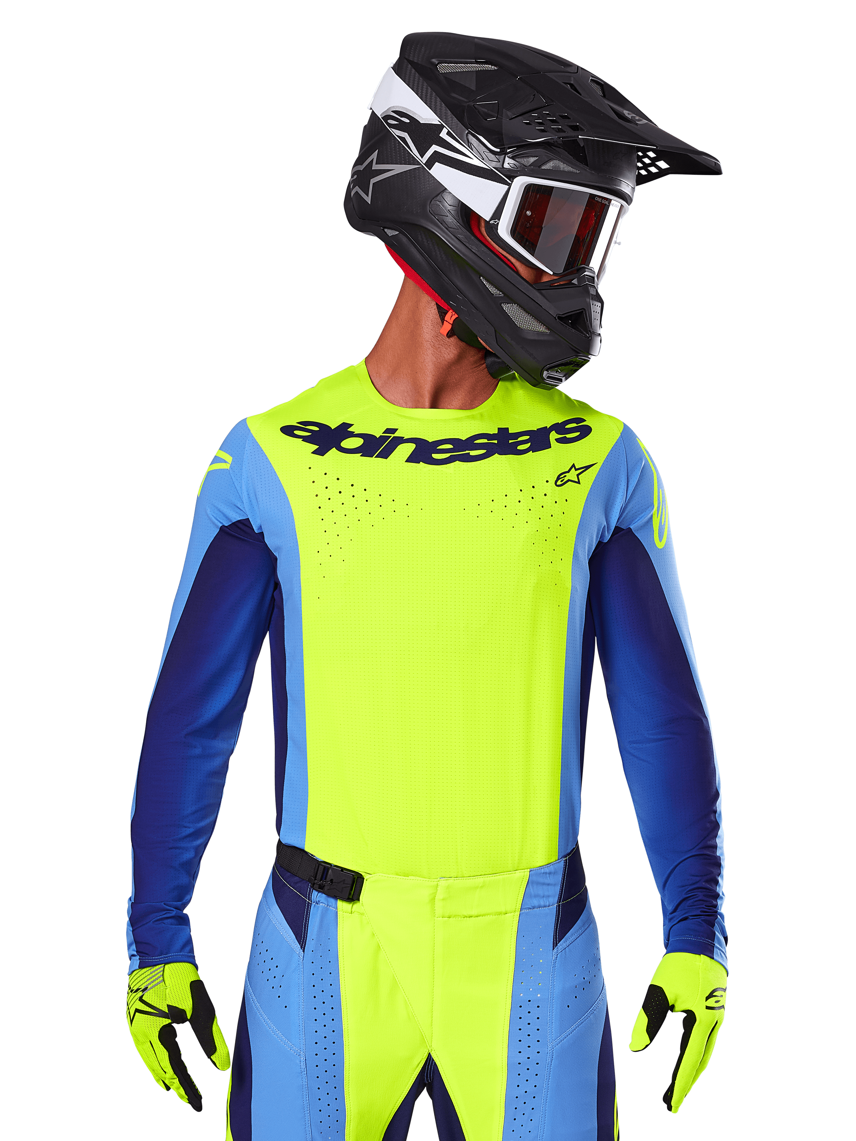 Alpinestars 2025 Techstar Melt Trikot, Motocross-Renn-Trikot, Gelb Fluo und Blau, mit lasergeschnittener Belüftung und athletischer Rennpassform, getragen von einem Fahrer mit schwarzem Helm und gelben Fluo-Handschuhen