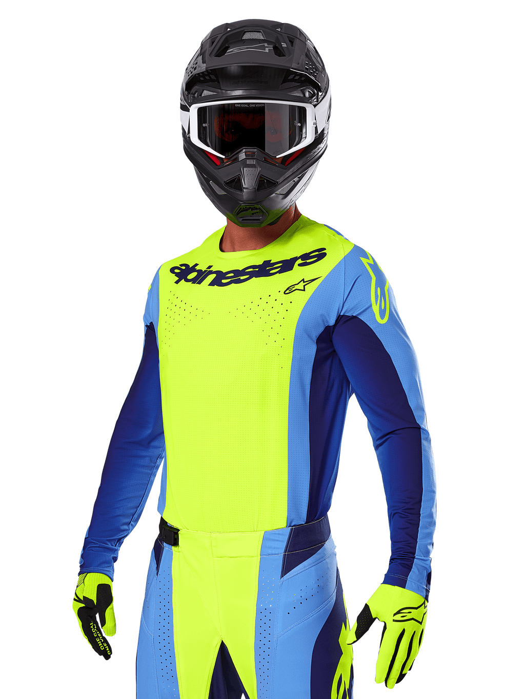 Alpinestars 2025 Techstar Melt Gear Set, Motocross-Fahrer in leuchtend gelbem und blauem Jersey mit passender Hose, schwarzer Helm mit weiß-schwarzer Brille, gelbe Handschuhe, abgestimmtes Offroad-Rennoutfit mit markantem Alpinestars-Branding und perforierten Details