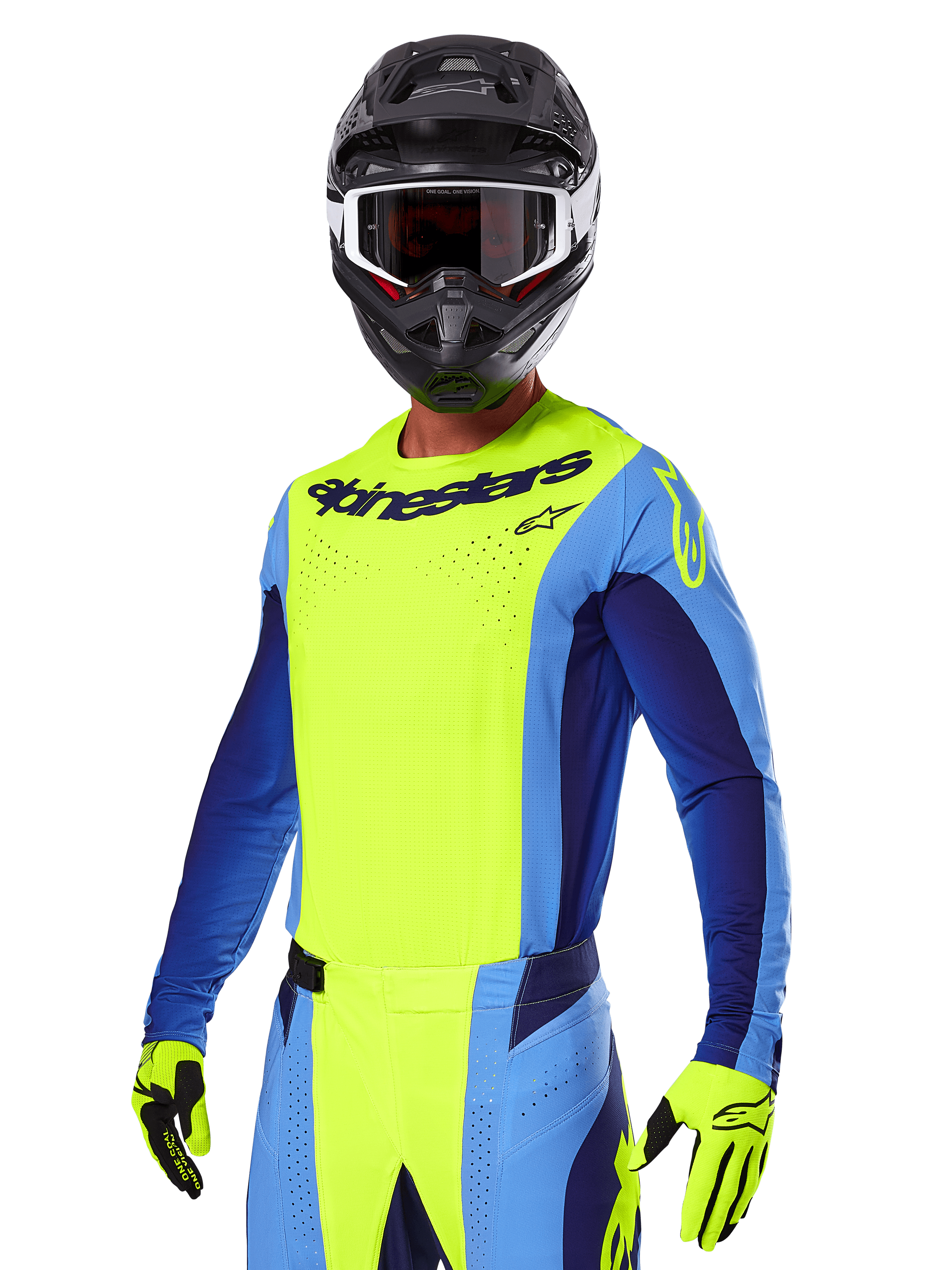 Alpinestars 2025 Techstar Melt Gear Set, Motocross-Fahrer in leuchtend gelbem und blauem Jersey mit passender Hose, schwarzer Helm mit weiß-schwarzer Brille, gelbe Handschuhe, abgestimmtes Offroad-Rennoutfit mit markantem Alpinestars-Branding und perforierten Details