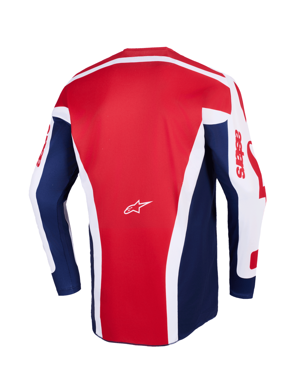 Alpinestars 2026 Racer Riway Trikot, Motocross-Trikot, Weiß Blau Rot, Rückansicht mit einem großen roten Mittelpanel mit weißen eckigen Akzenten, blauen Seitenbahnen und weißen Ärmeln mit rotem Astars-Branding, sowie einem kleinen weißen Alpinestars-Logo in der Mitte.