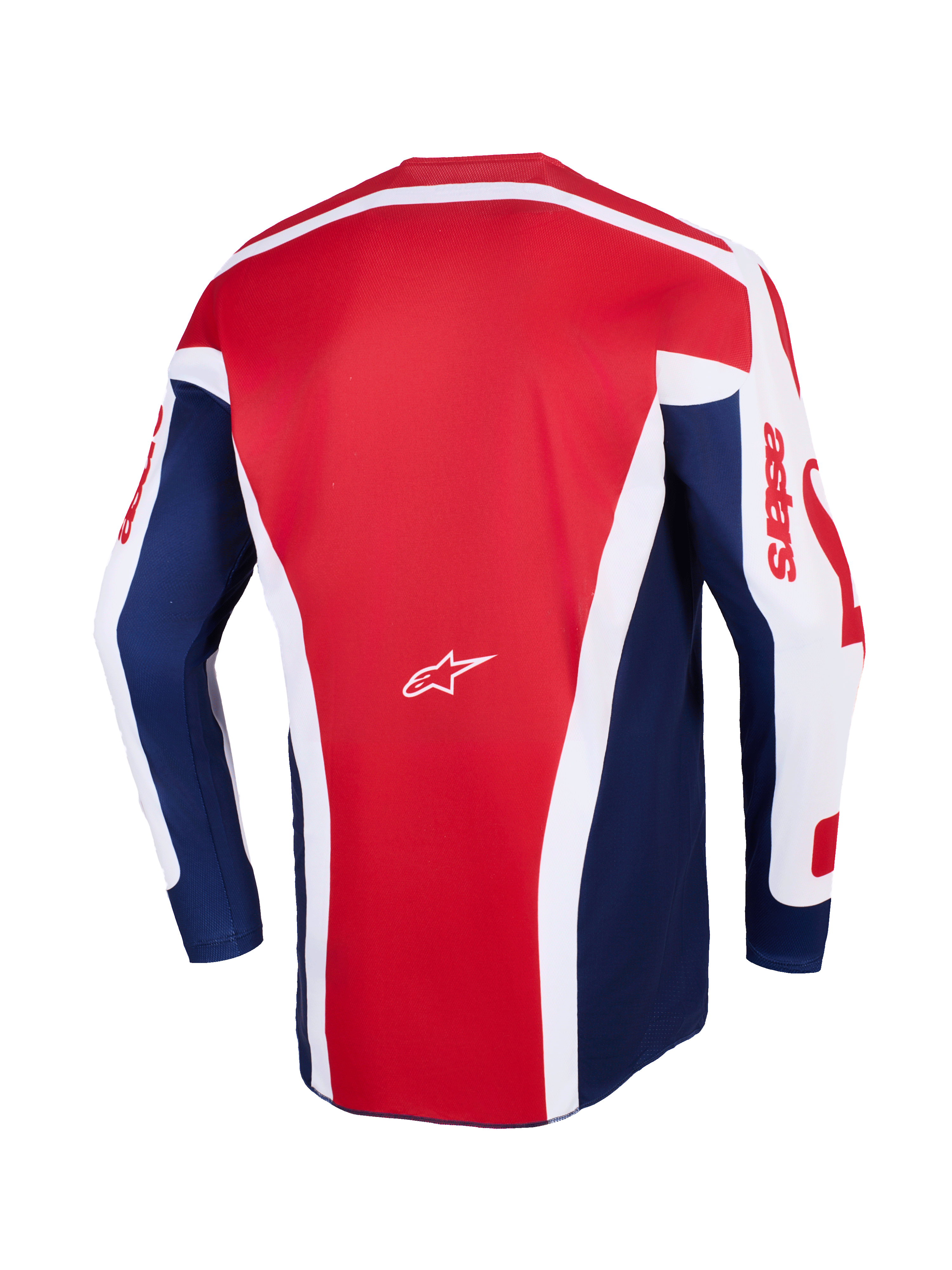 Alpinestars 2026 Racer Riway Jersey, Motocross Jersey, White Blue Red, back view showing a large red center panel with white angular accents, blue side panels, and white sleeves with red astars branding, featuring a small white Alpinestars logo in the center.