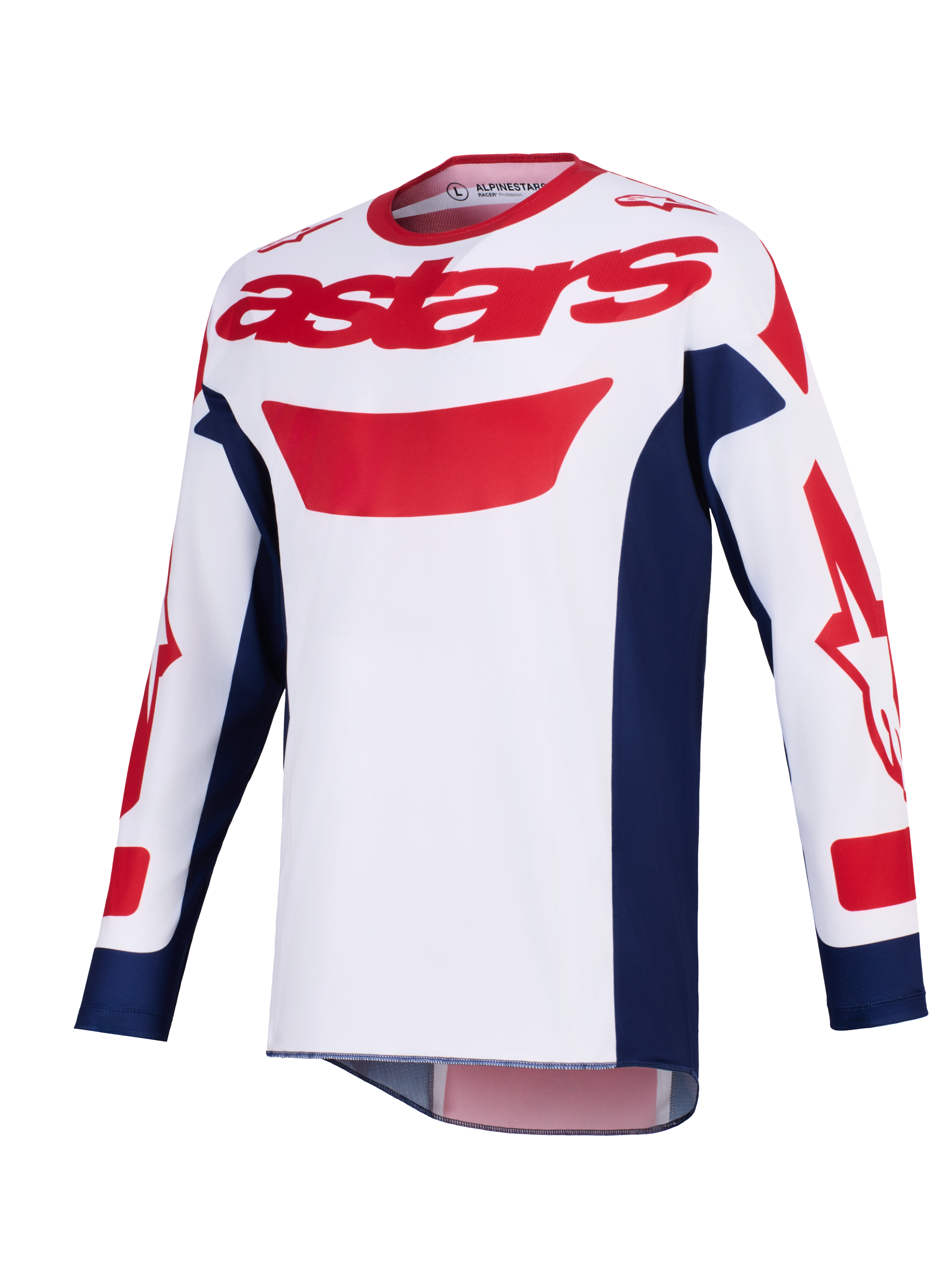 Alpinestars 2026 Racer Riway Jersey, Motocross Jersey, White Blue and Red, red astars logo on chest, navy blue side panels, long sleeves with red graphics, performance off-road riding gear