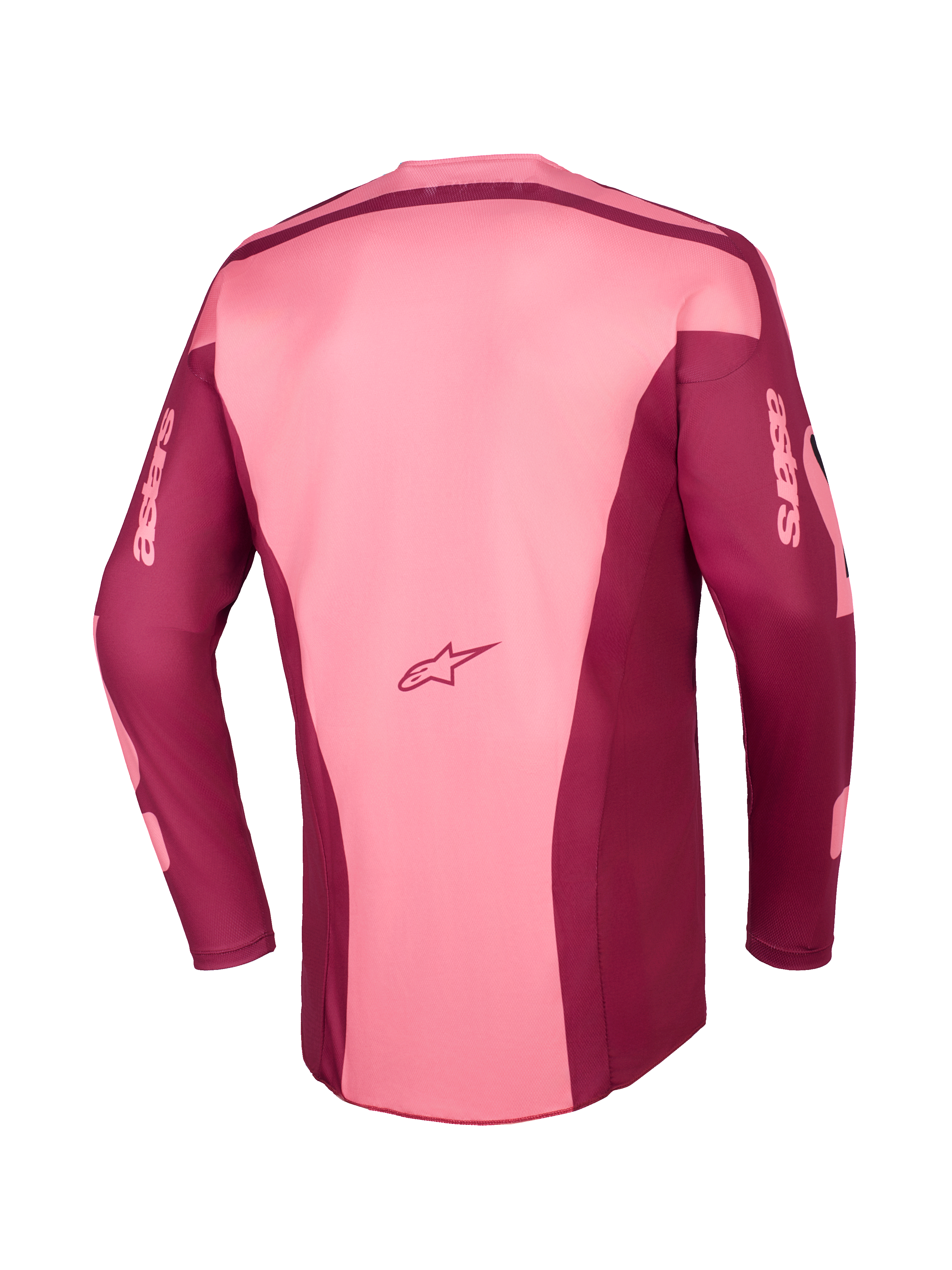 Alpinestars 2026 Racer Riway Jersey, Motocross Jersey, Dark Red Coral, back view showing multi-panel construction, Astars logo on lower back, and astars branding on long sleeves, performance off-road gear