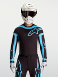 Alpinestars Supertech Vesta Trikot, Motocross-Oberteil für Herren, Schwarz und Türkis, atmungsaktiv mit Laser-Perforationen.