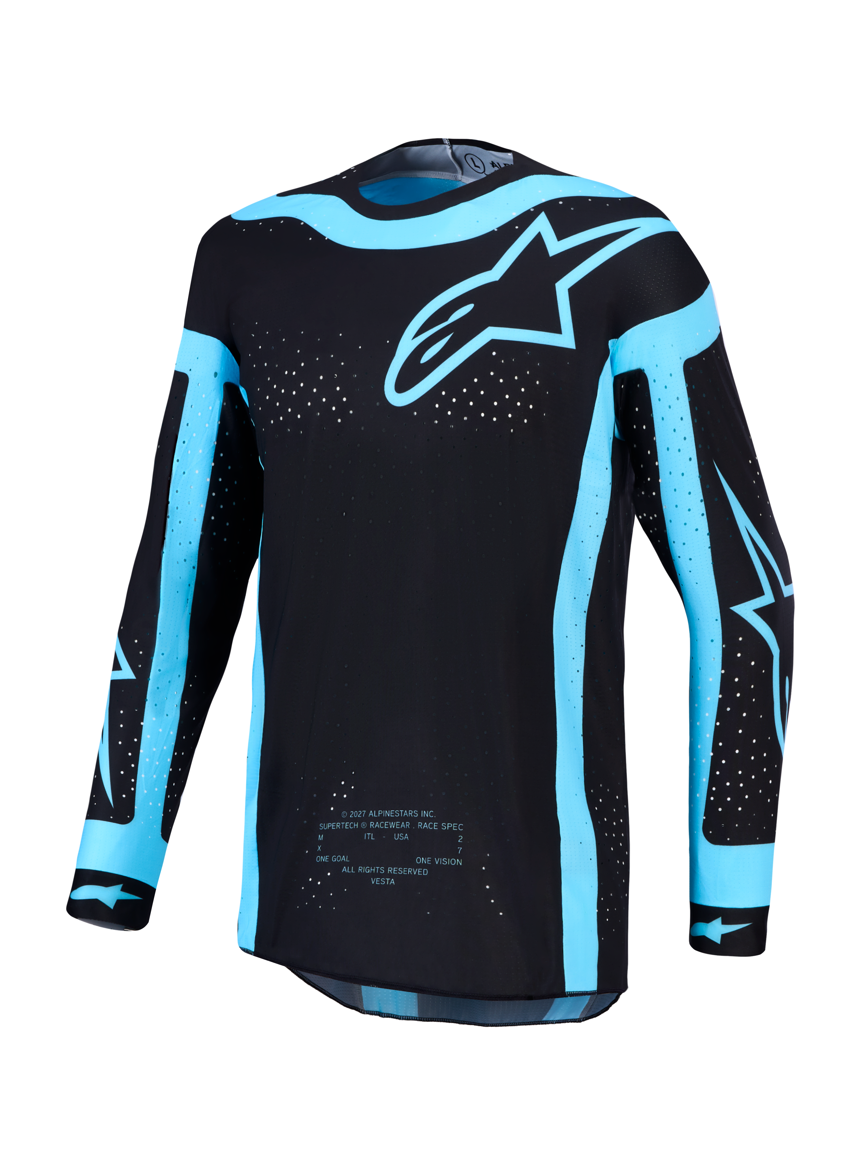 Alpinestars Supertech Vesta Trikot und Gear Set, Herren-Motocross-Trikot, Schwarz und Türkis, lasergeschnittene Belüftung, leichtes Stretch-Mesh, athletische Passform für den MX-Einsatz.
