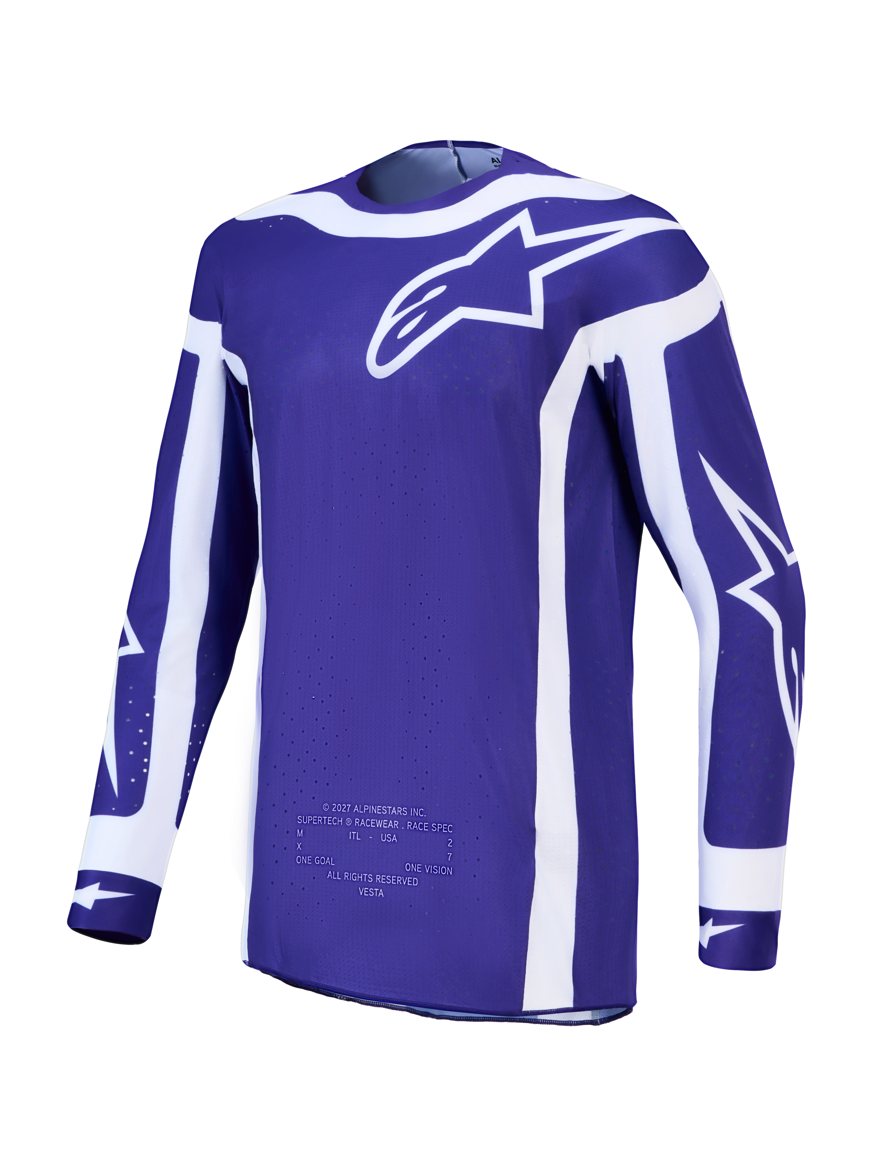 Alpinestars Supertech Vesta Trikot, Herren-Motocross-Renntrikot, Dunkelblau und Weiß, aus leichtem Stretch-Mesh.
