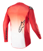 Alpinestars 2023 Supertech Risen Jersey, back view, Mars Red and White gradient design, featuring a black Alpinestars star logo on the center back and brand name on the sleeve, long-sleeve motocross jersey with laser-cut perforations for ventilation.