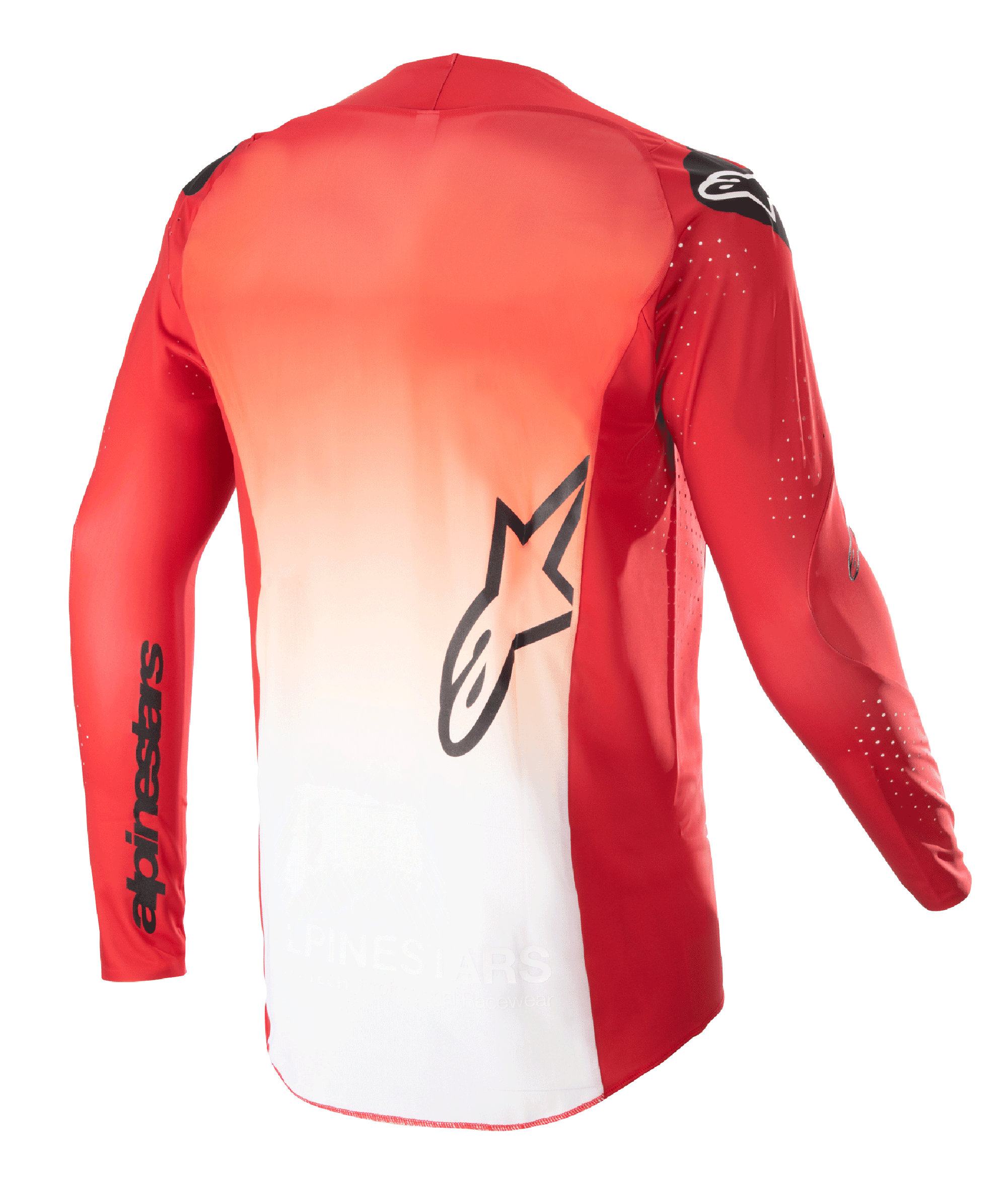 Alpinestars 2023 Supertech Risen Jersey, back view, Mars Red and White gradient design, featuring a black Alpinestars star logo on the center back and brand name on the sleeve, long-sleeve motocross jersey with laser-cut perforations for ventilation.