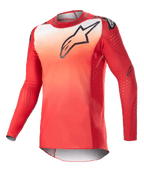 Alpinestars 2023 Supertech Risen Jersey, Long-Sleeve Motocross Jersey, Mars Red and White gradient, black Astars logo on chest, perforated sleeves with white ventilation dots, athletic race fit for off-road performance