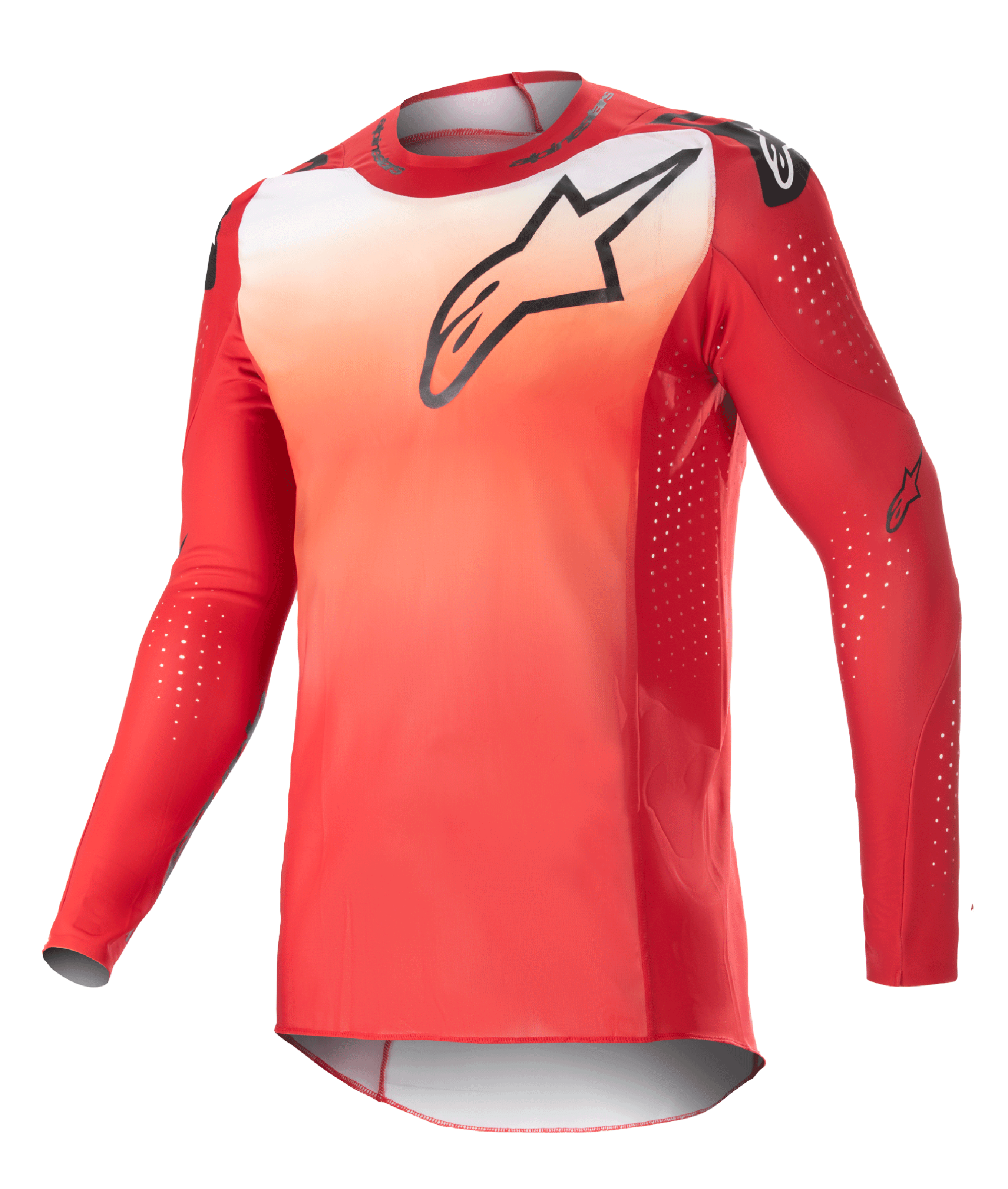 Alpinestars 2023 Supertech Risen Jersey, Langarm-Motocross-Jersey, Farbverlauf in Mars-Rot und Weiß, schwarzes Astars-Logo auf der Brust, perforierte Ärmel mit weißen Belüftungspunkten, athletische Rennpassform für Offroad-Performance