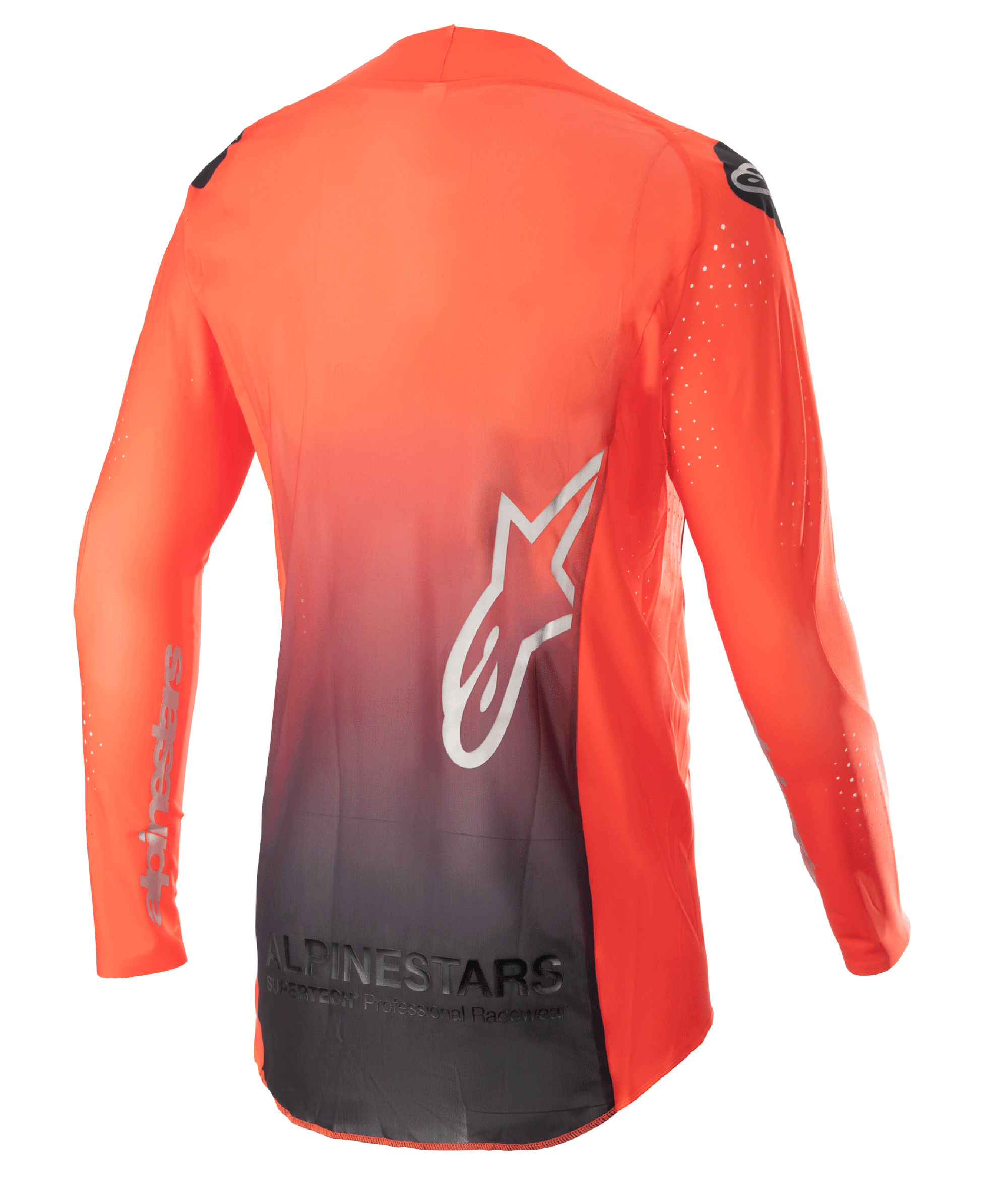 Alpinestars 2023 Supertech Risen Trikot, Motocross-Trikot, Hot Orange und Schwarz, Rückansicht mit einem Farbverlauf von Orange nach Schwarz, großem weißen Stern-Logo auf dem Rücken und atmungsaktivem Mesh-Gewebe für Offroad-Performance.