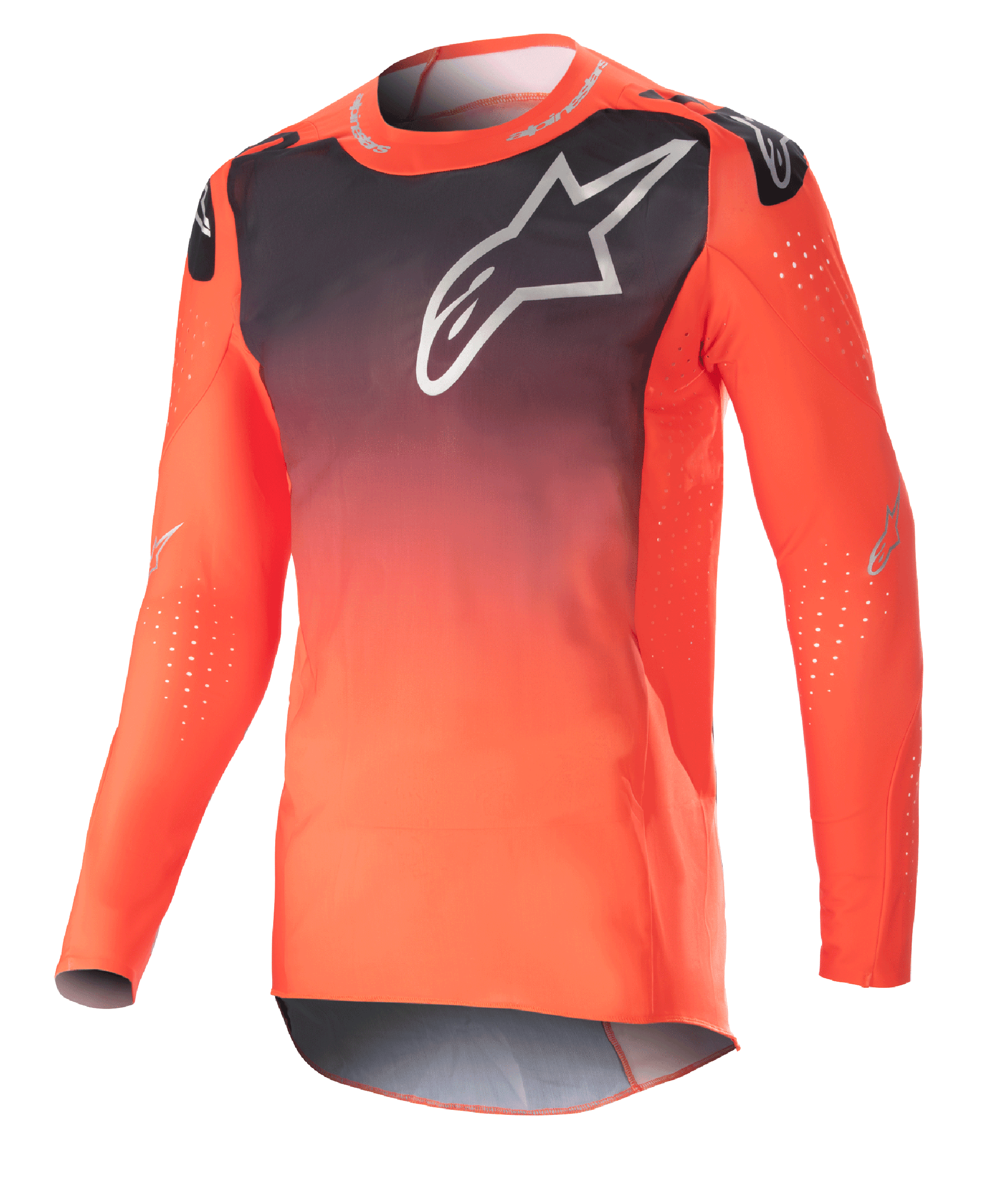 Alpinestars 2023 Supertech Risen Trikot, Motocross-Jersey, Farbverlauf in Hot Orange und Schwarz, mit großem weißem Logo auf der Brust, lasergeschnittene Perforationen für optimale Luftzirkulation, leichtes Stretch-Mesh-Gewebe, Performance-Race-Passform