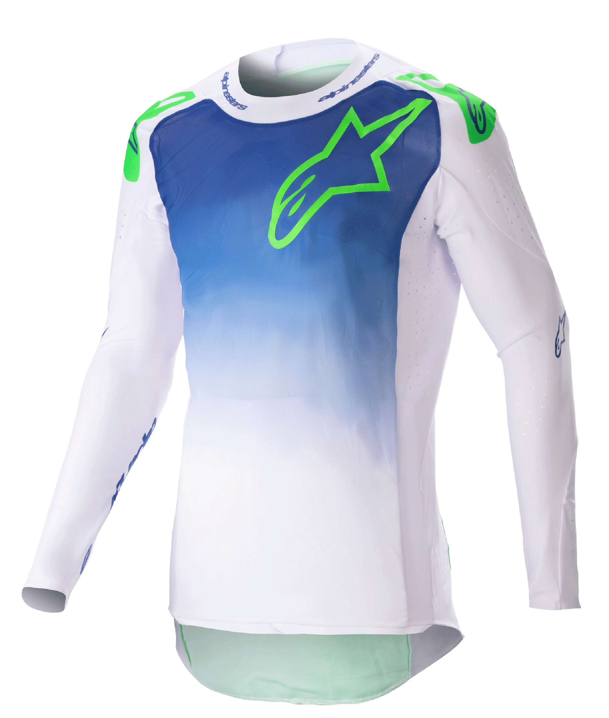 Alpinestars 2023 Supertech Risen Jersey, Motocross Jersey, Blue Ray and White with Green Fluo logo, gradient torso design, perforated long sleeves, athletic race fit, off-road racing gear